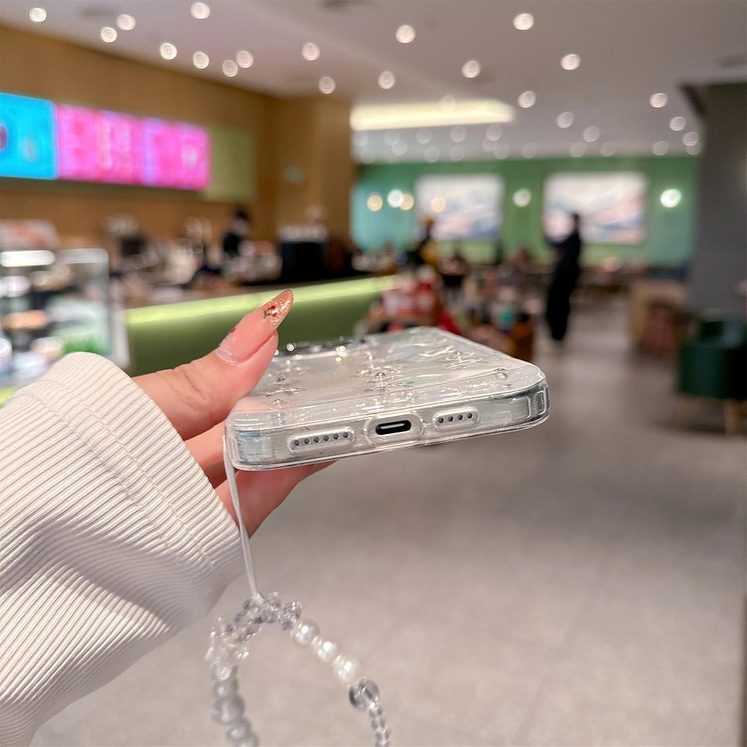 for iPhone 14 Case, [Premium 3D Silver Bow Pattern] [Transparent Creative Case] [2-in-1 Beaded Wrist Strap] Soft TPU Shockproof for Women and Girl - Image 6