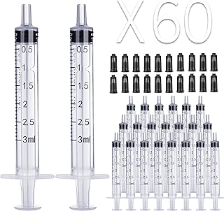 60 Pack 3ml Plastic Syringes Separate Sterile Packaging Syringe Without Needle with Caps,Suitable for Scientific Labs Measurement, Measuring, Dispensing, Watering, Refilling (60 Pack 3ml)
