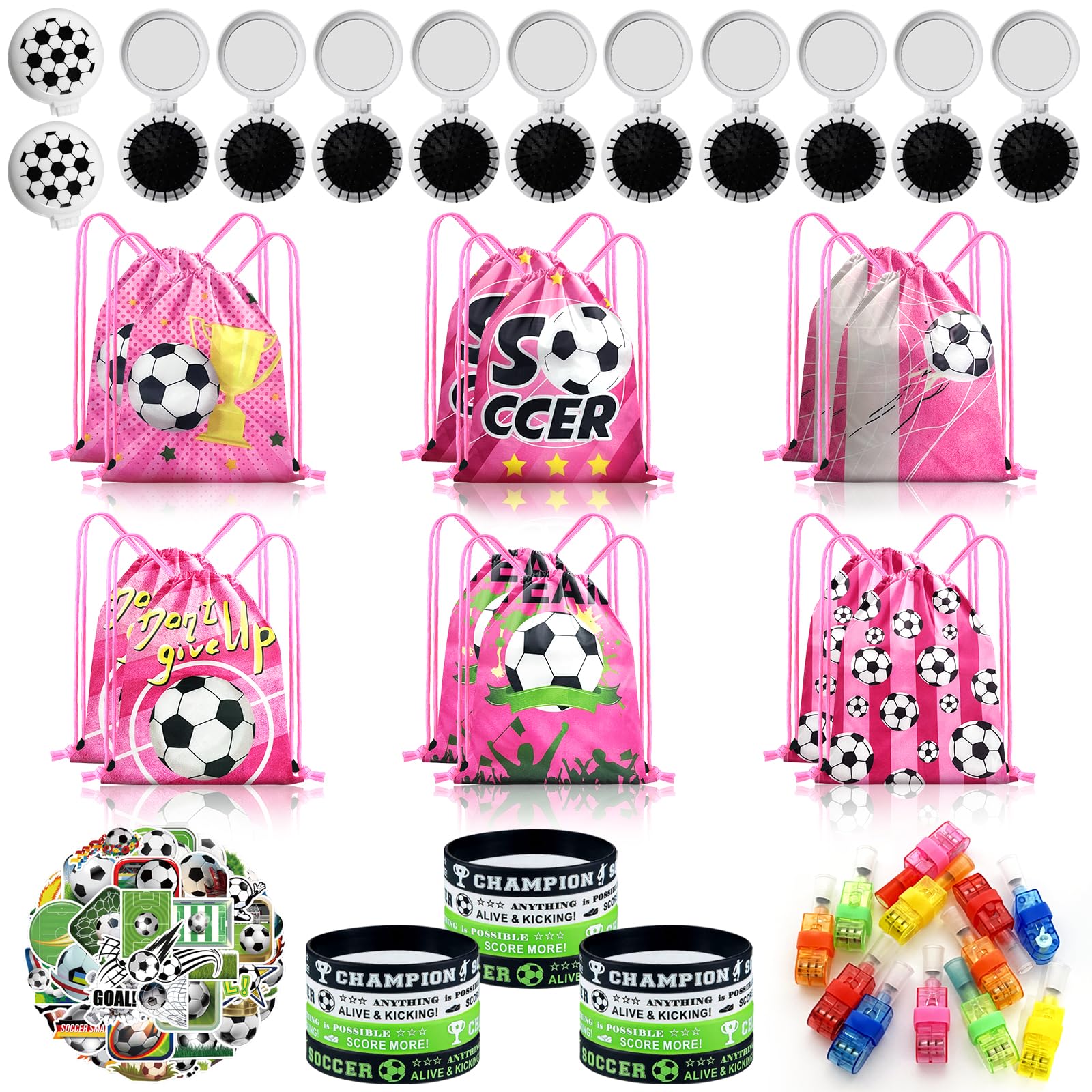 Fiestivo Soccer Party Favors for girls, Soccer Goodie Bags with LED Finger Lights, Mini Brush, Silicone Bracelets Stickers Gift Bags for Soccer Themed