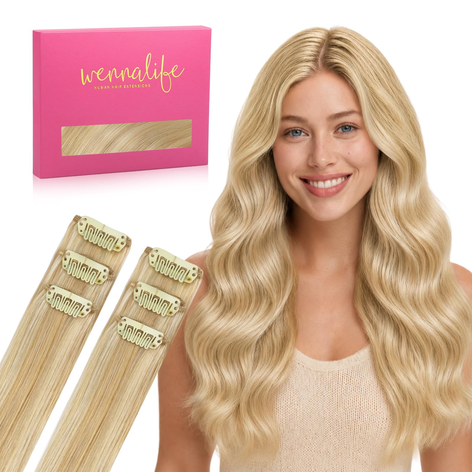 WENNALIFE Light Blonde Highlighted Golden Blonde Clip in Hair Extensions Real Human Hair 35g 6pcs 24 Inch Colored Hair Extensions for Kids Women Colorful Hair Pieces Pop-up Style Straight Extensiones