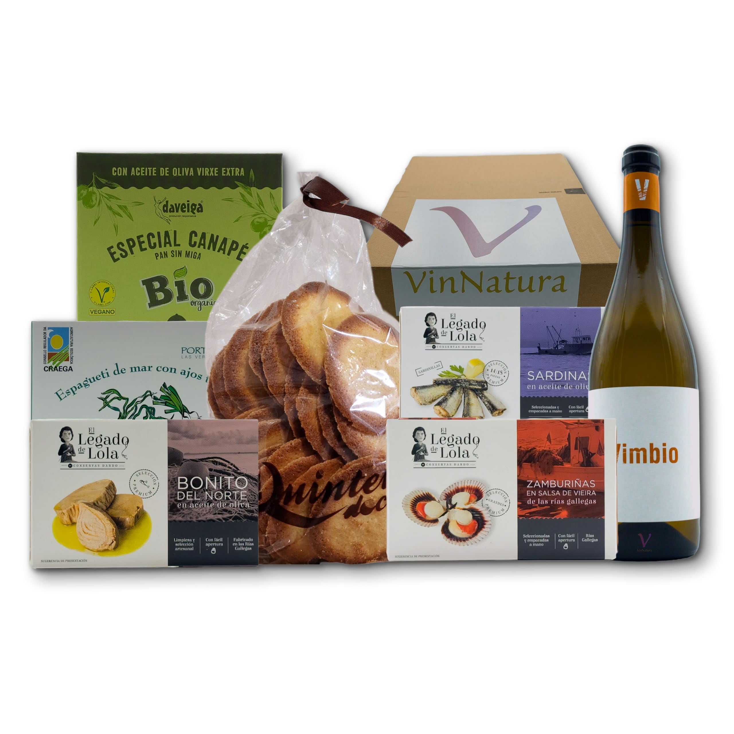 Cesta Gourmet Sálvora de VinNatura con Conservas Artesanales y Vino Blanco | Regalo gourmet gallego, regalos de empresa, cesta con vino, productos artesanos, tarjeta personalizable
