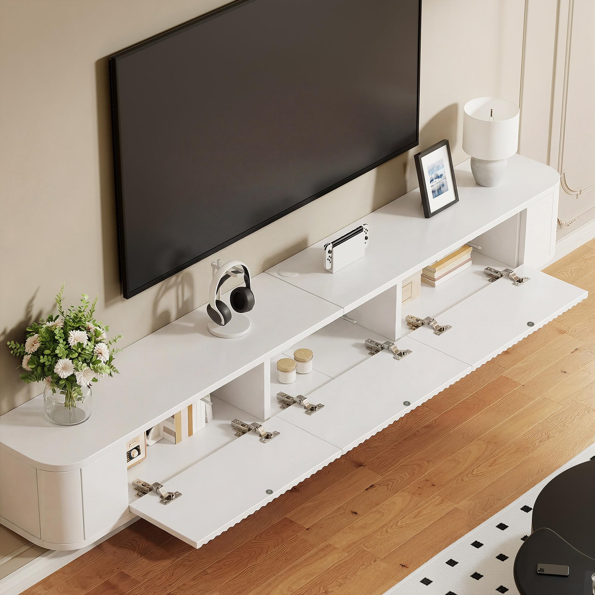 YITAHOME Meuble TV Flottant de 180 cm, étagères murales avec lumière LED RVB, Console multimédia TV Blanche Brillante, Grand Espace de Rangement pour Salon et Chambre à Coucher