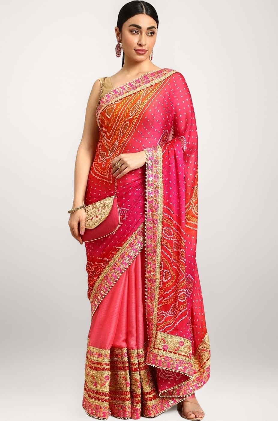 Pandadi Saree Women's Elegance Chiffon Bandhani Saree with Heavy Lehenga Design