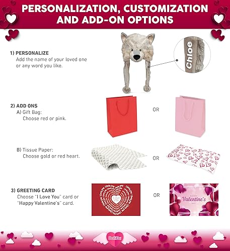 Miniatura 2 de DolliBu Sombrero de lobo de peluche con texto en inglés "I Love You", lindo animal de peluche con corazón rojo y nombre, regalo personalizado para