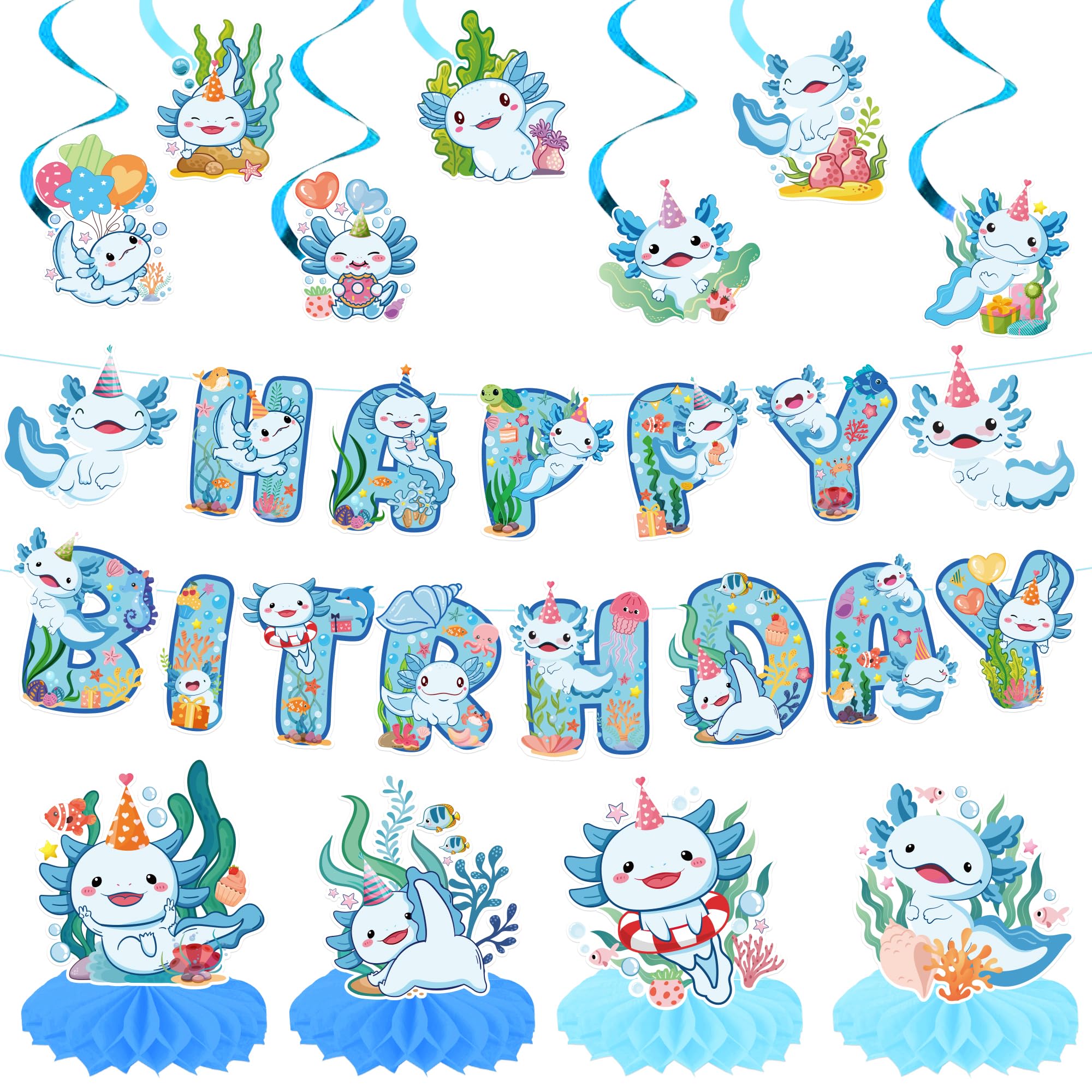 Axolotl Birthday Party Decorations, 13 Pcs Blue Axolotl Party Supplies Decor, Includes 2 Banners, 7 Swirls, 4 Honeycomb Centerpieces for Boys Girls