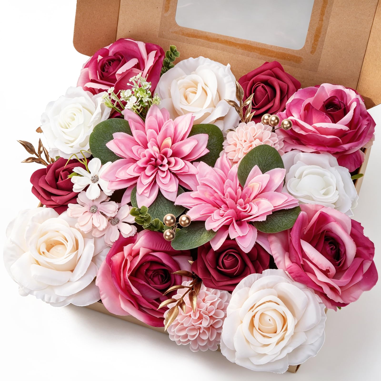 Artificial Flowers Combo Box Dark Pink Artificial Rose Heads with Stems