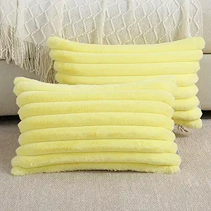 FUTEI Yellow Striped Decorative Throw Pillow Covers 12x20 Inch Set of 2,Rectangle Fall Decorations Couch Lumbar Pillowcase,Soft Cozy Faux Rabbit Fur & Velvet Back,Modern Home Decor for Bed