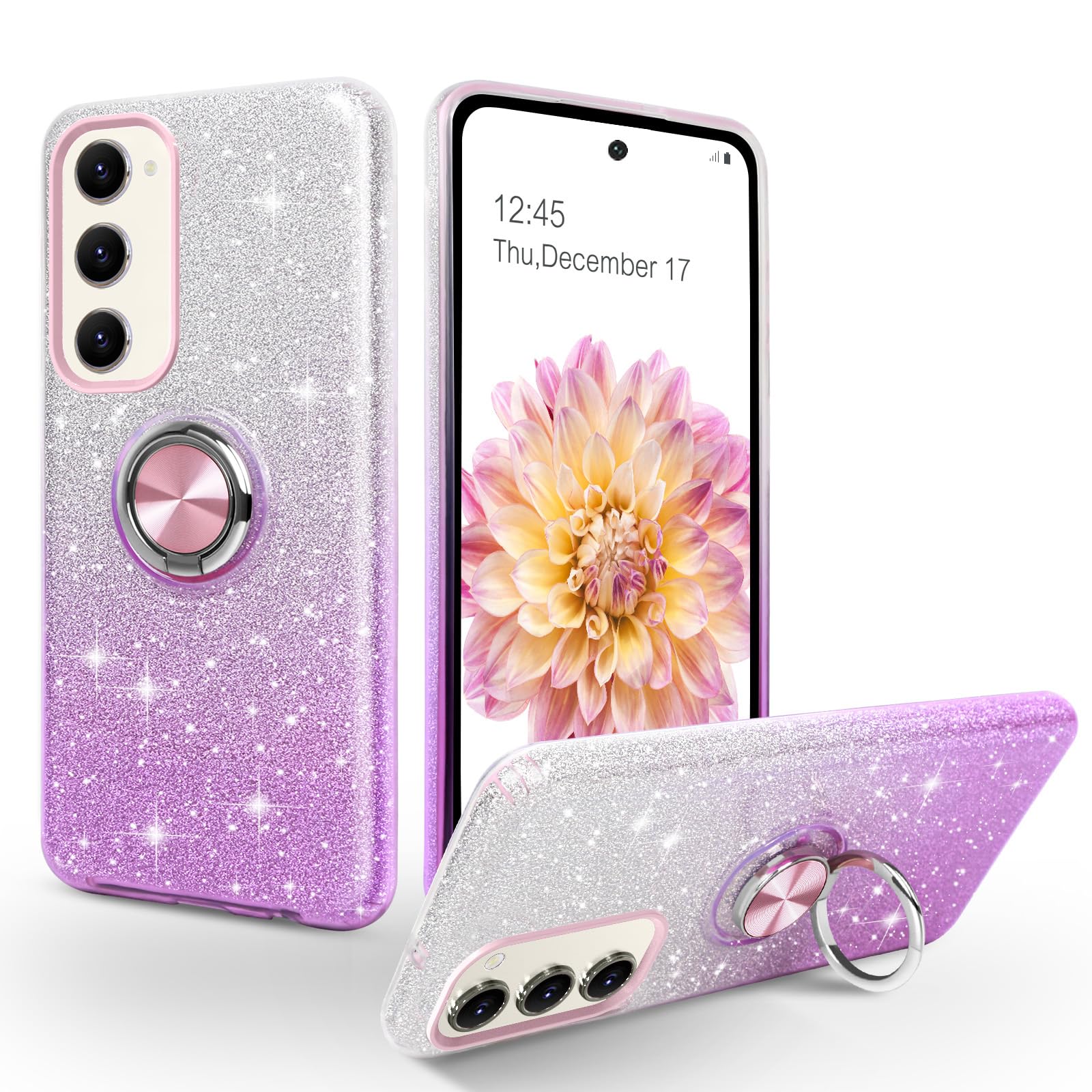 SouLips Compatible with Galaxy S25 Plus Case, Magnetic Car Mount Supported Slim Glitter Sparkle with 360° Ring Holder Kickstand Shockproof Protective