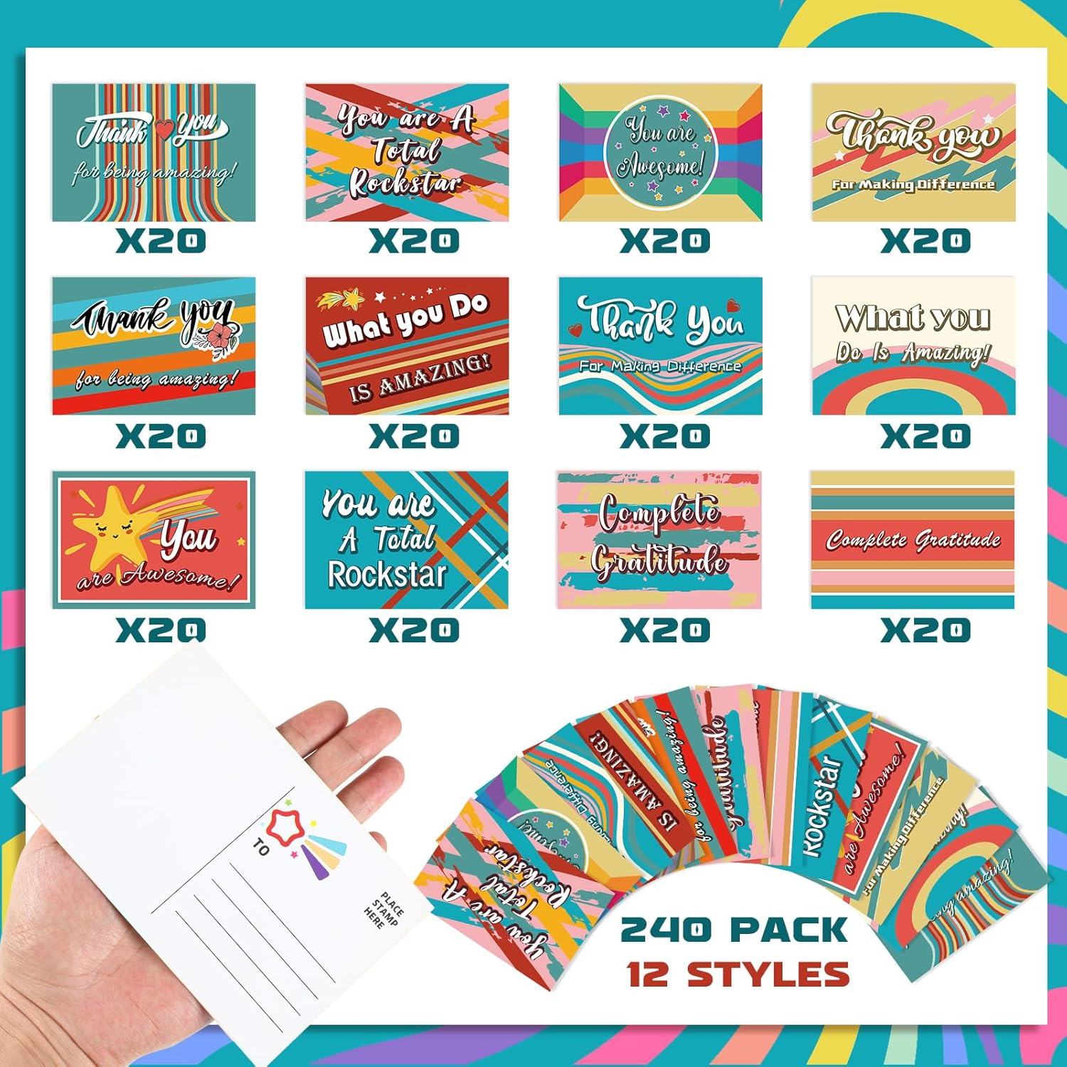 Kosiz サンキューポストカード 240枚 4 x 6インチ 感謝カード アソートグリーティングカード ブランクノートカード 12