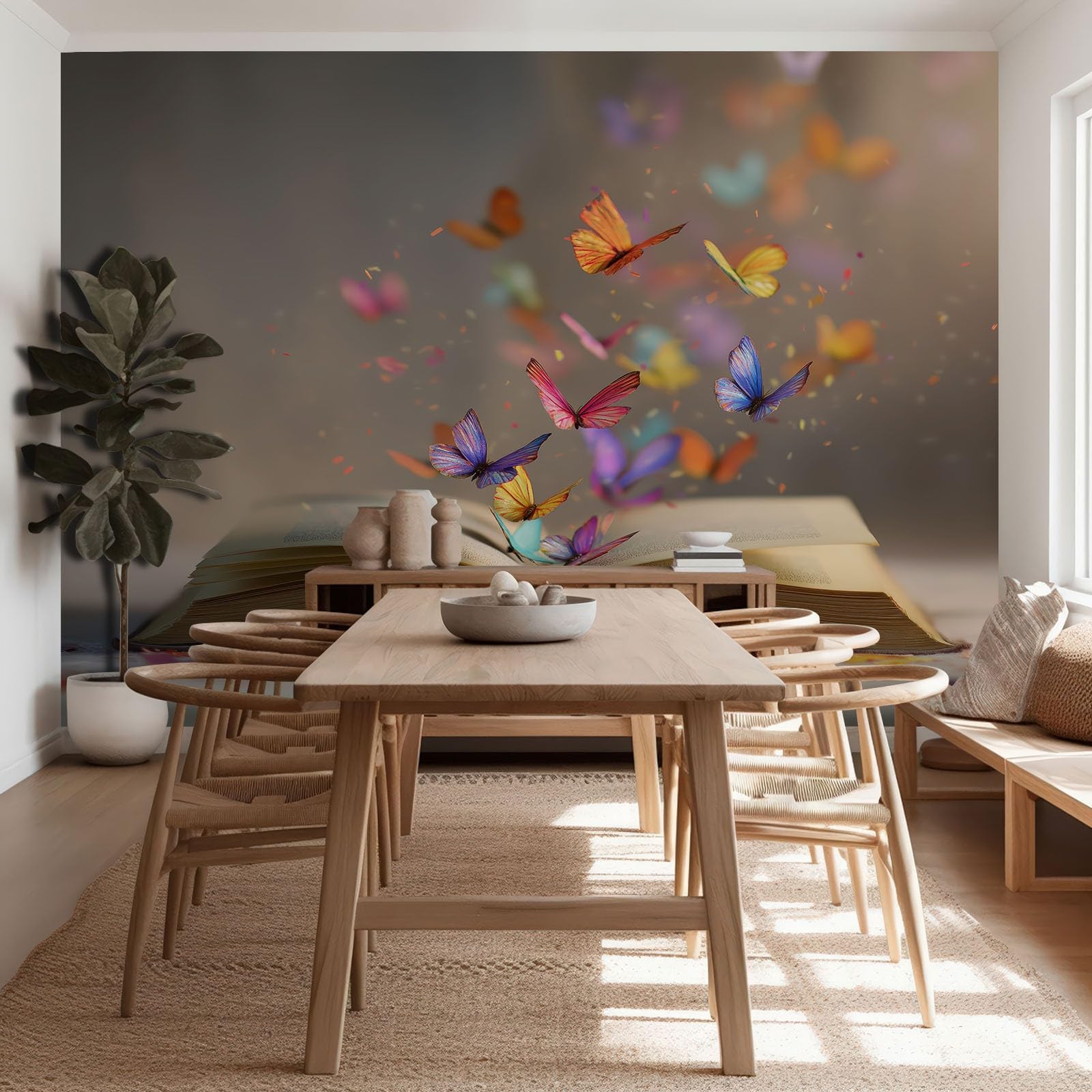 Carta da parati da parete beige con libri sognanti e farfalle colorate, decorazione da parete in tessuto non tessuto di alta qualità, per camera dei bambini e asilo, 250 x 175 cm, carta da parati