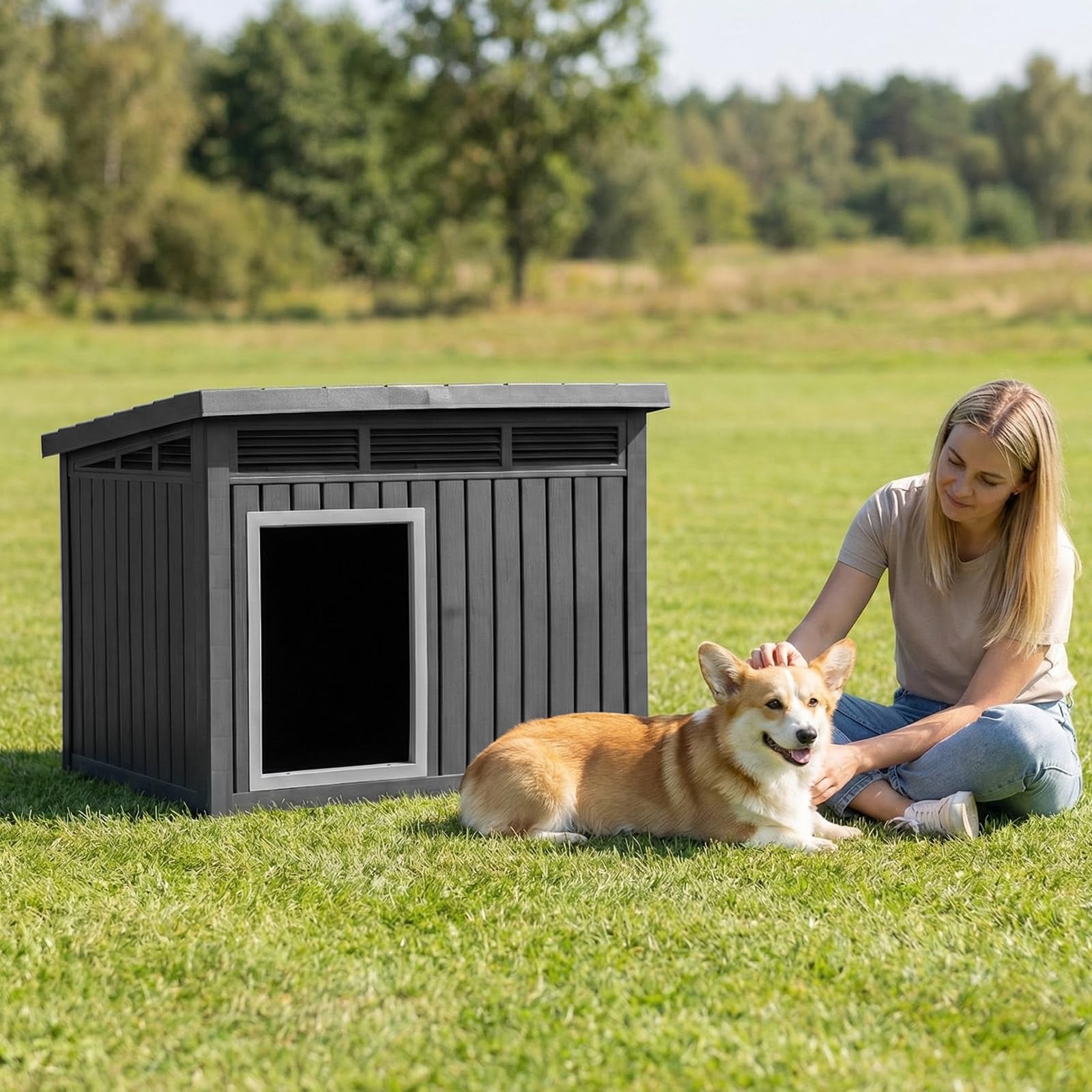 COSTWAY Caseta para Perros Exterior, Casa para Perros de Plástico con Puerta, Techo Inclinado Abatible, Rejillas de Ventilación, Mueble Perrera para Mascotas, 81 x 64 x 61 cm, Negro