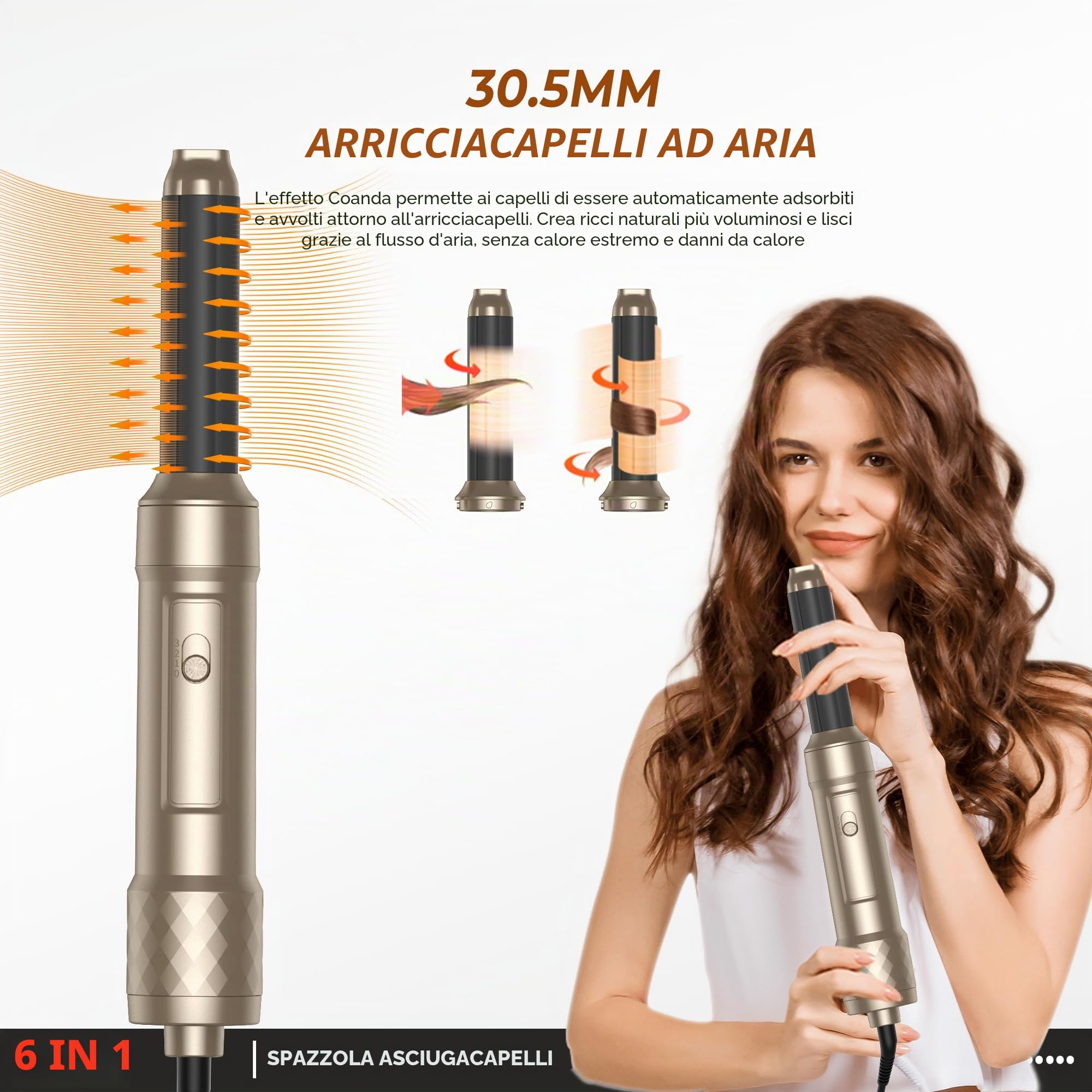 Pro Airstyler 6 in 1 - Spazzola Asciugacapelli con 1000 W asciugacapelli, Spazzola Soffiante, Airflow Ricci per Capelli, Spazzola ad Aria Calda, Spazzola Lisciante (Oro Classico)
