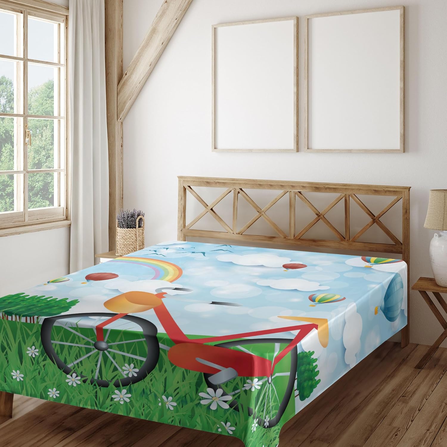 Ambesonne Cartoon Flat Sheet, Spring Landscape with Rainbow Clouds Air Balloons and Bicycle on Daisy Grass, Soft and Comfortable Top Sheet Decorative Bedding 1 Piece, Full Size, Multicolor