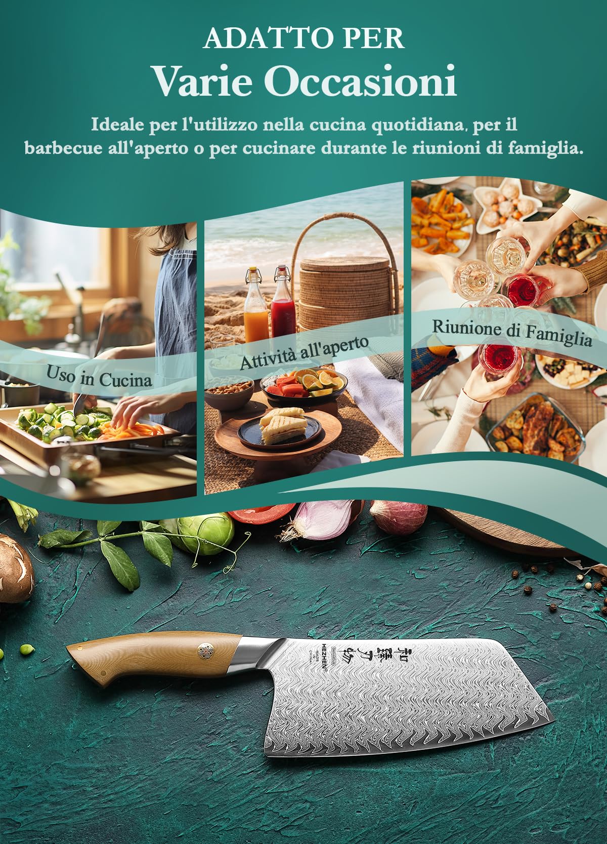 HEZHEN Mannaie per Carne Acciaio Damasco,Coltelli Mannaie da Chef Cinesi Professionale, Coltelli da Cucina Multifunzionale, Full Tang Manico