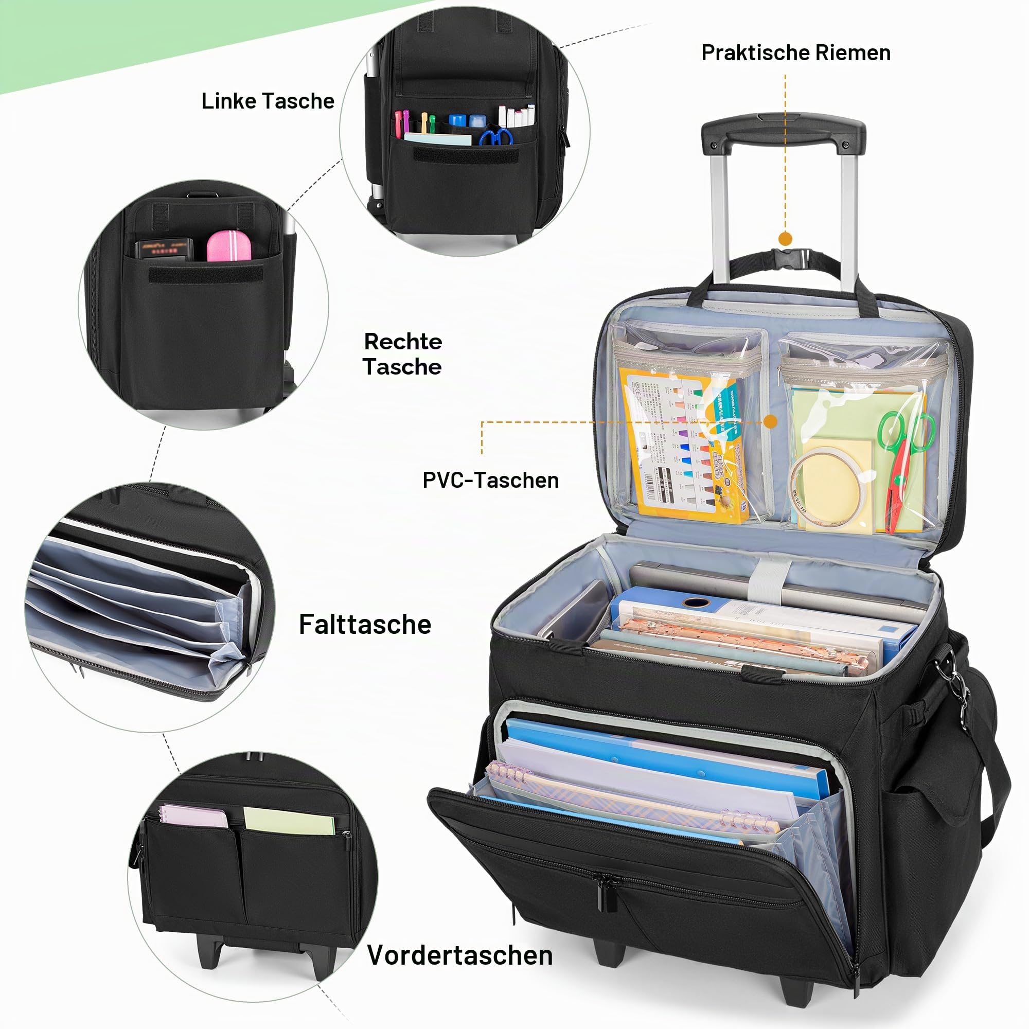 Trunab Multifunktionale Lehrertasche mit Abnehmbarem Trolley, Schwarz | Arbeitstasche für Lehrer mit Erweiterbarem Aktenfach, Teacher Tote Bag mit Rädern für bis zu 15,6 Zoll Laptop