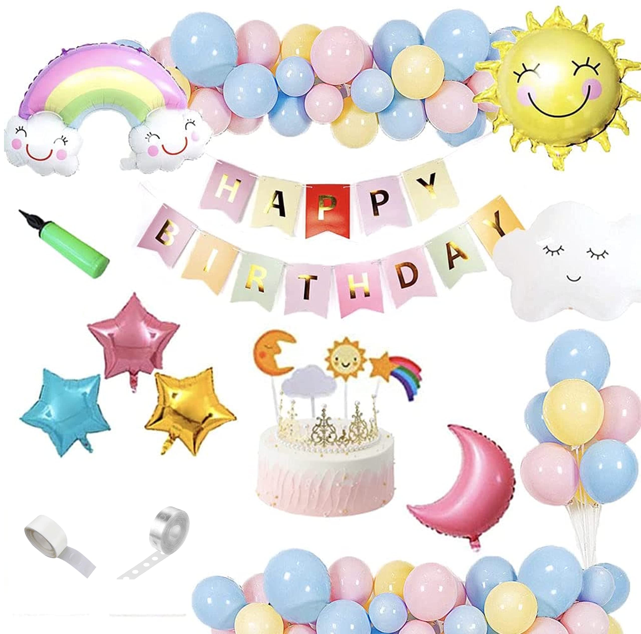 LAZYBEEE Weather Birthday Party Decorations, 56 Pcs Weather Party Supplies for Kids Boys Girls, Sun Moon Star Rainbow Cloud Balloons with Balloon Pump, Banners