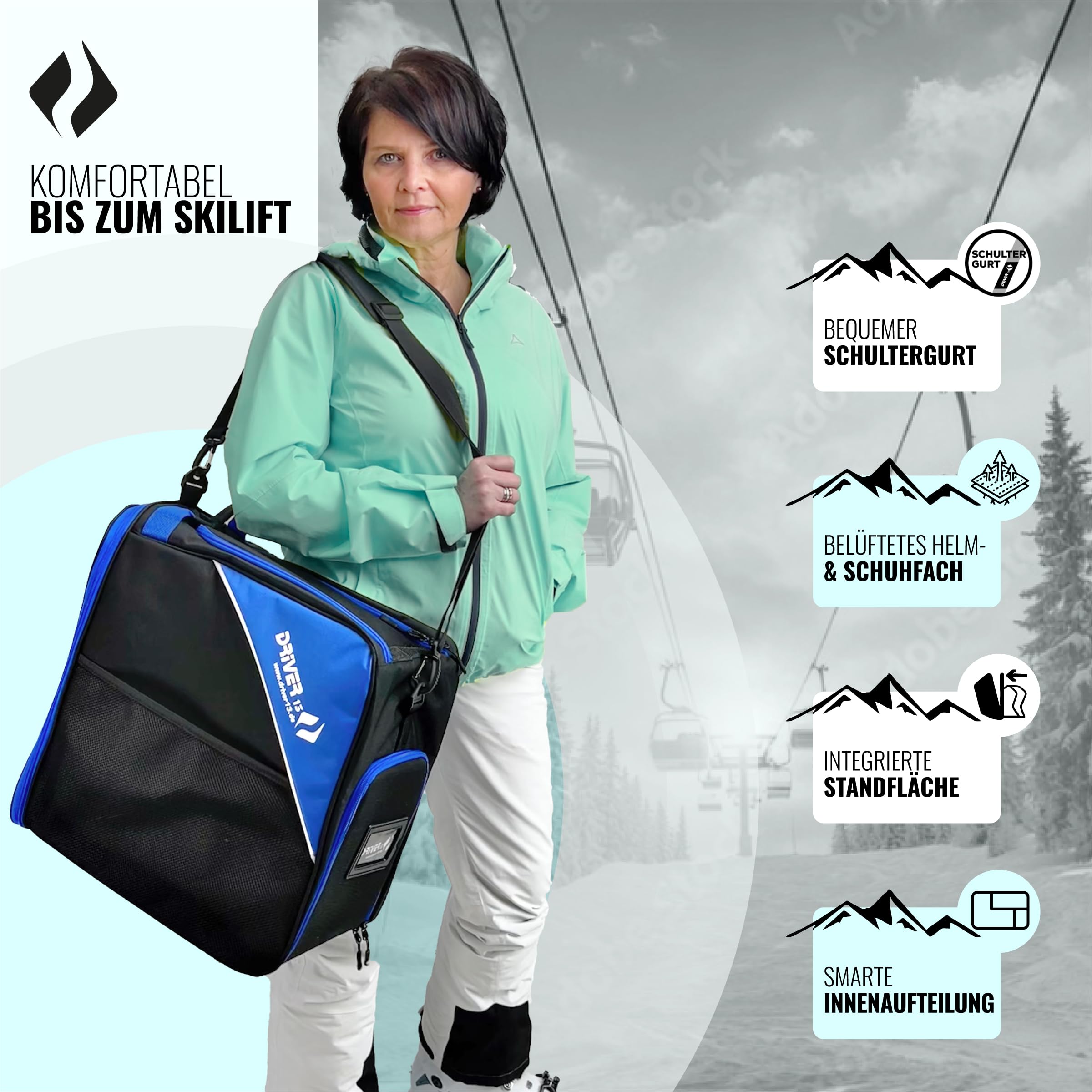 Driver13 ® Bolsa para Botas de esquí Bolsa para Botas de esquí con Compartimento para Casco para Botas Blandas duras inliner y Bolsa para Botas Negro-Azul