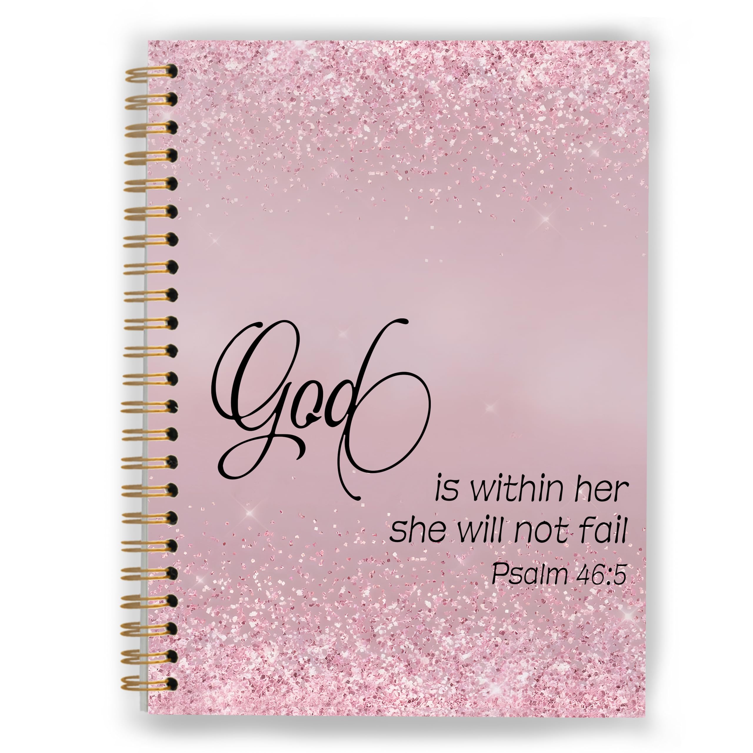 XUNLURY Pretty Pink Christian Notebook, Church Notes Notebook, God is Within Her She Will Not Fall Prayer Bible Journal for Woman, Psalm 46:5 Spiral