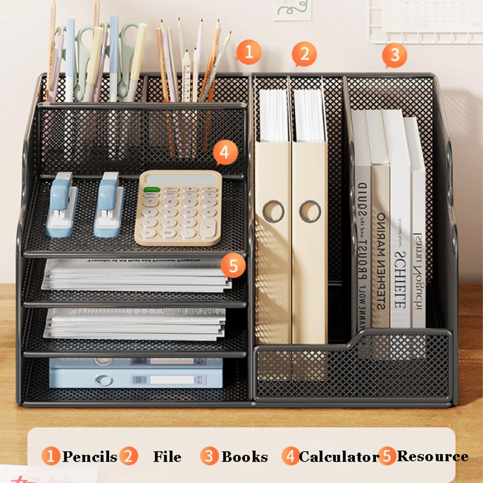 Organizador de escritorio de malla con soporte vertical para archivos, Organizador de Bandeja con revistero para el almacenamiento de artículos de oficina y documentos(White)