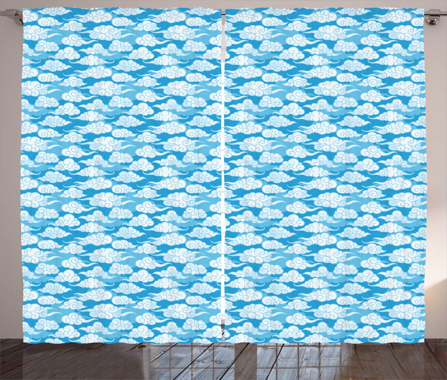 ABAKUHAUS Blu E Bianco Tenda, Giapponese Cloud Motif, Casa Arredamento Elemento Distintivo Due Pannelli Set, 280 X 175 Cm, Azzurro Blu Pale Blue