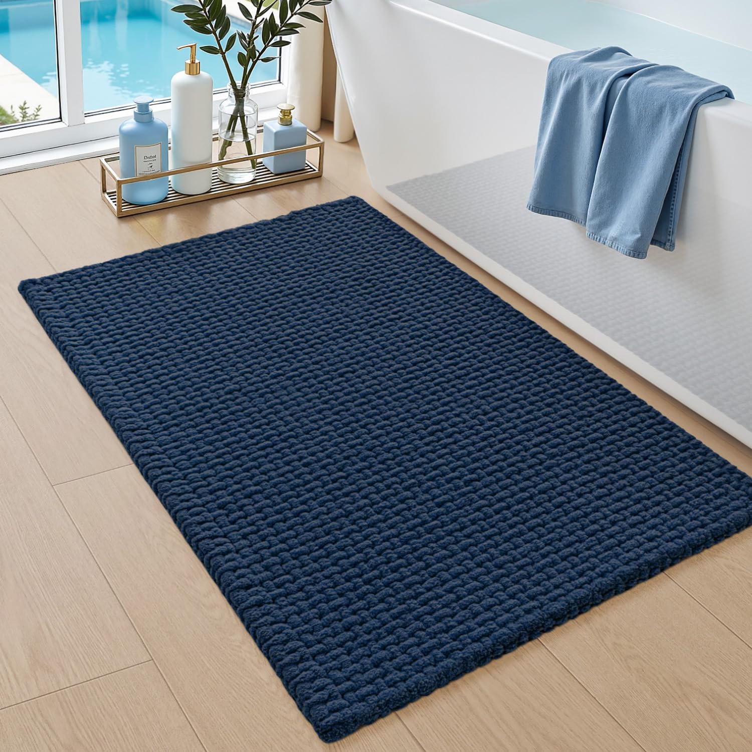 DEXI Chenille Bath Mat 40 x 60 cm, Absorbent and Non-Slip, Blue