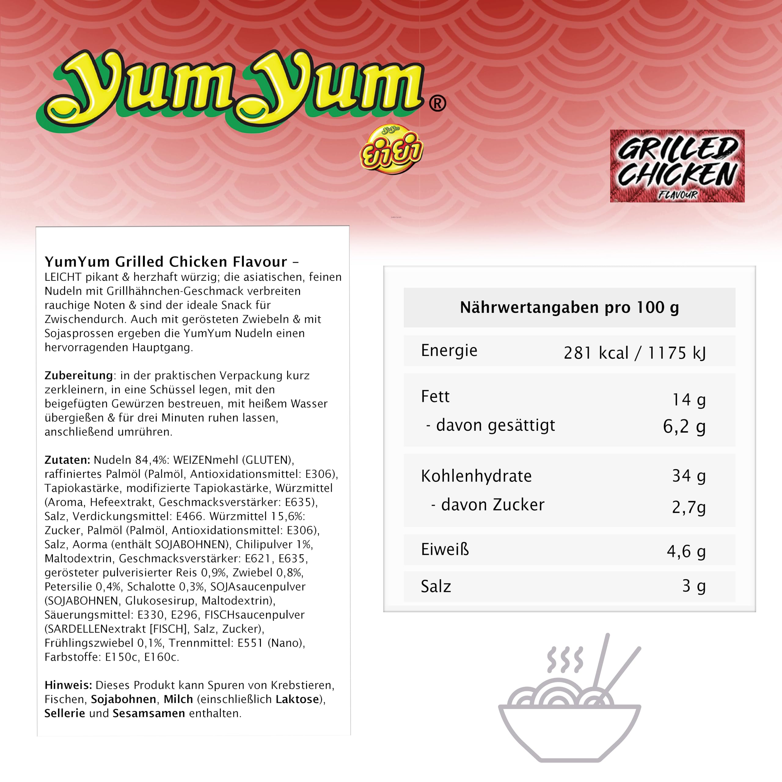 YumYum Instant Nudeln mit Hühner-Shoyugeschmack, 120 x 60g, Asiatische Nudelsuppe, Snack, Authentisches Aroma, Produktion in Thailand