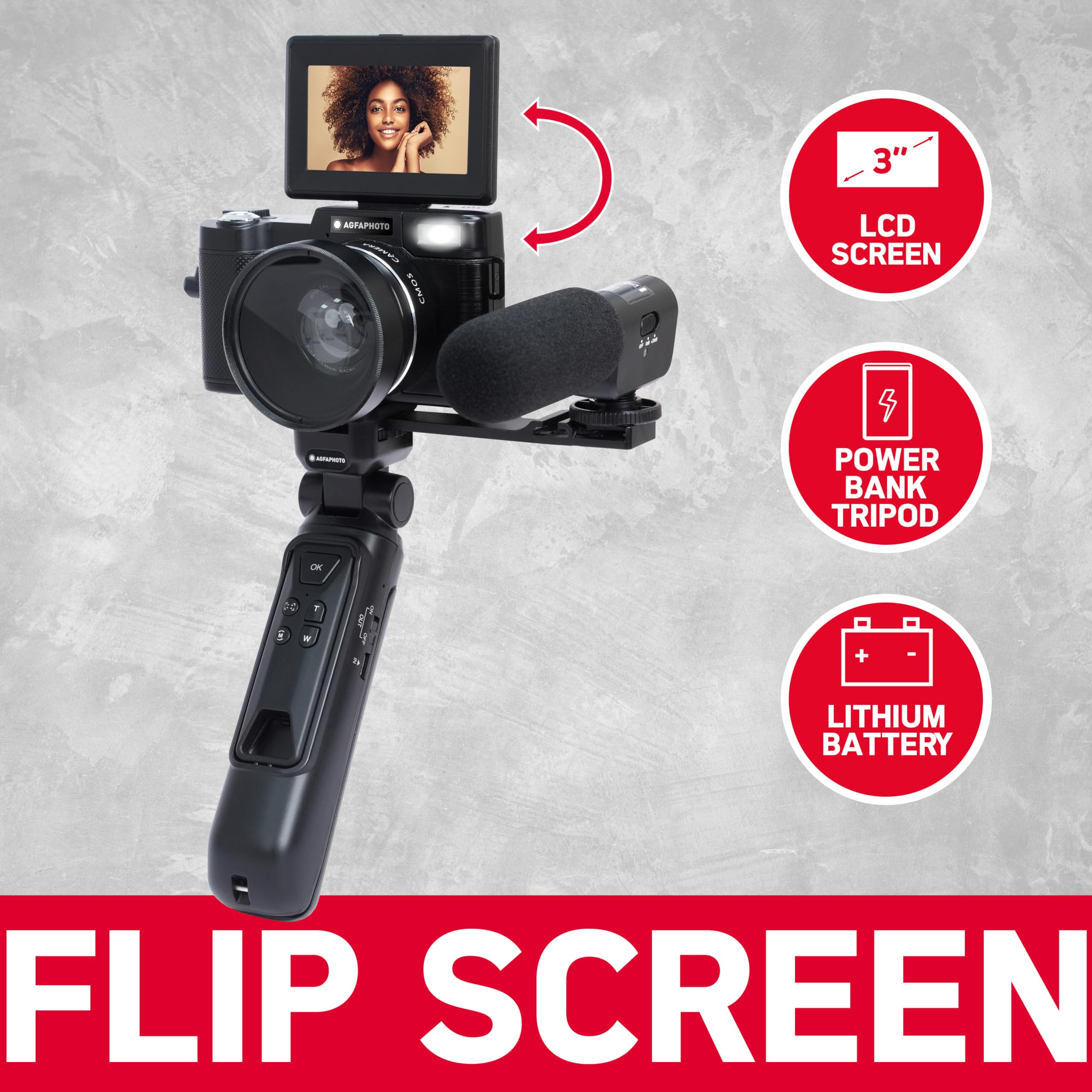 AgfaPhoto Realishot VLG-4K Kit Vlogging - Fotocamera 24MP, Video 4K, Schermo LCD 3’’, Zoom Digitale 16X, Sensore CMOS, Batteria al Litio - Nero