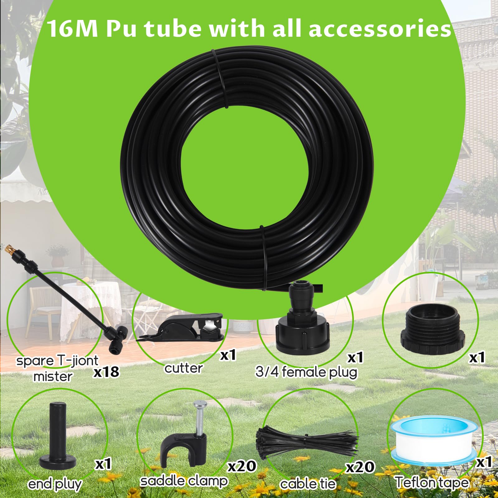 16M Outdoor Mister, 64 szt. Zestawy do nawadniania System zamgławiania z 18 dyszami do mgły ze złączem T + 1 adapter (mosiądz, 3/4") do imprez plenerowych, ogrodów