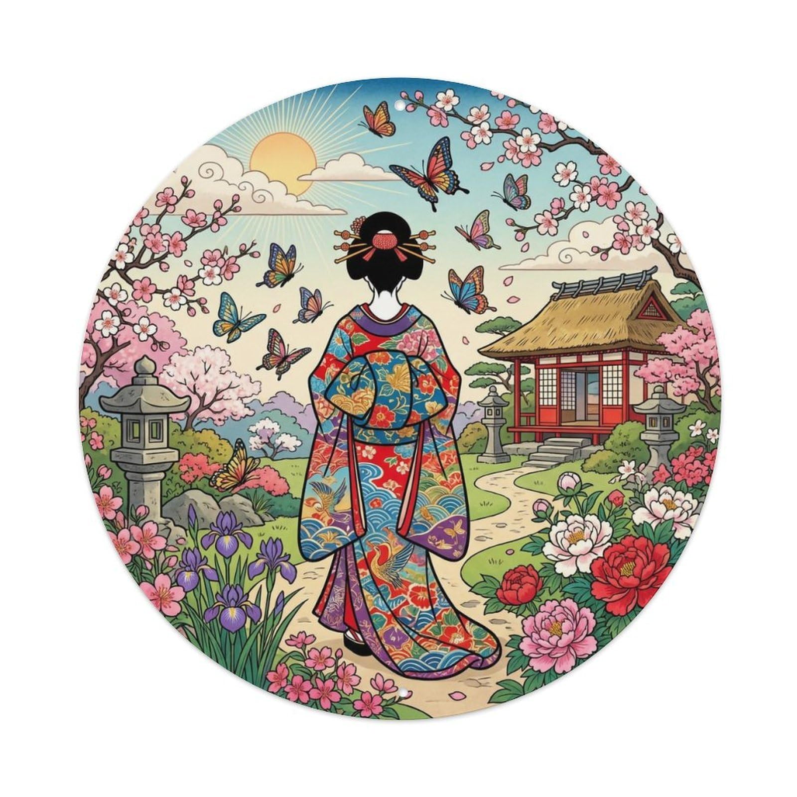 Japanese Geisha Butterfly Garden Tea House Cheerful Motif Metal Tin Sign