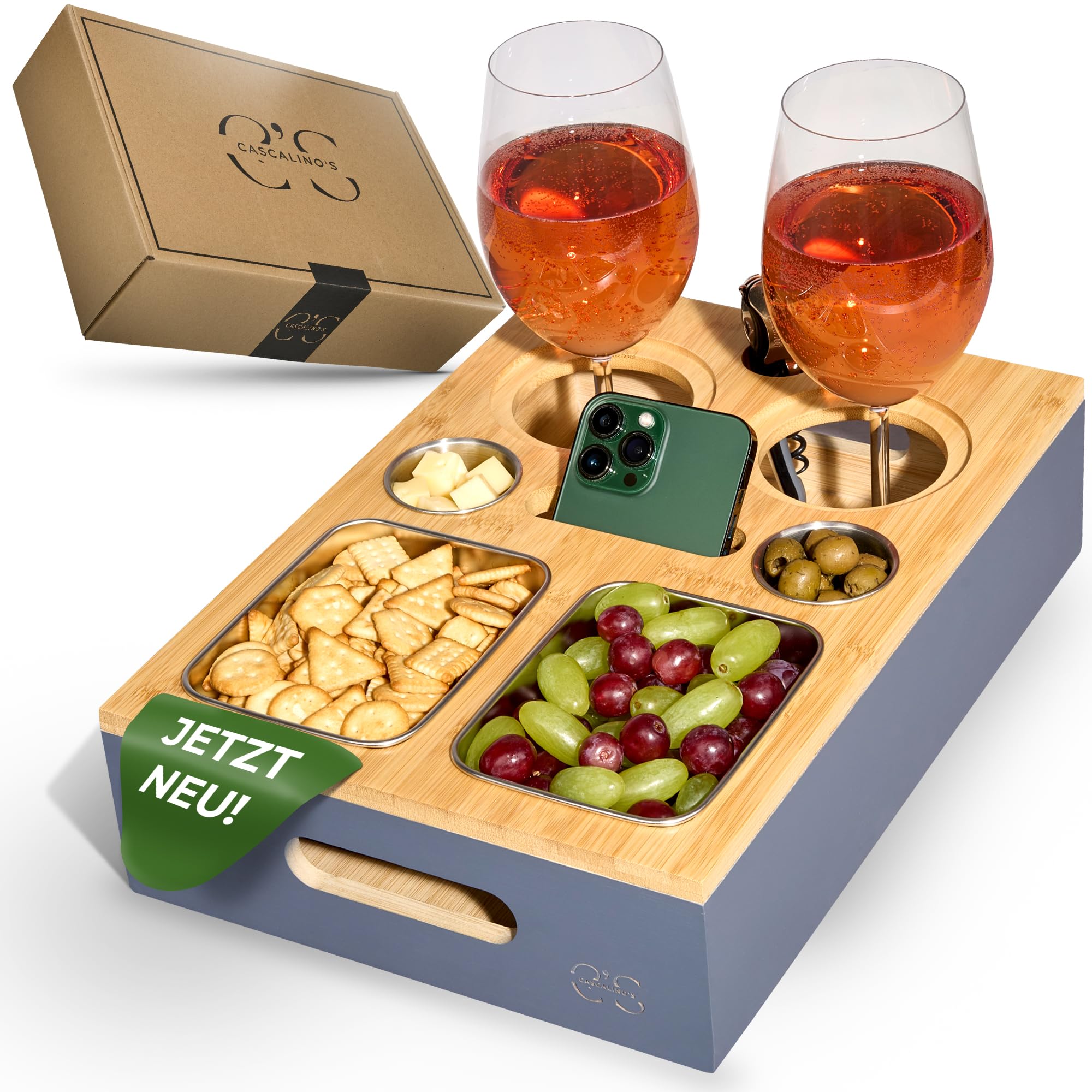 Cascalino's Barra de café con cuencos para aperitivos de acero inoxidable – Bandeja de sofá de madera | Organizador de sofá con soporte para bebidas | Bandeja para sofá de madera, barra de aperitivos,