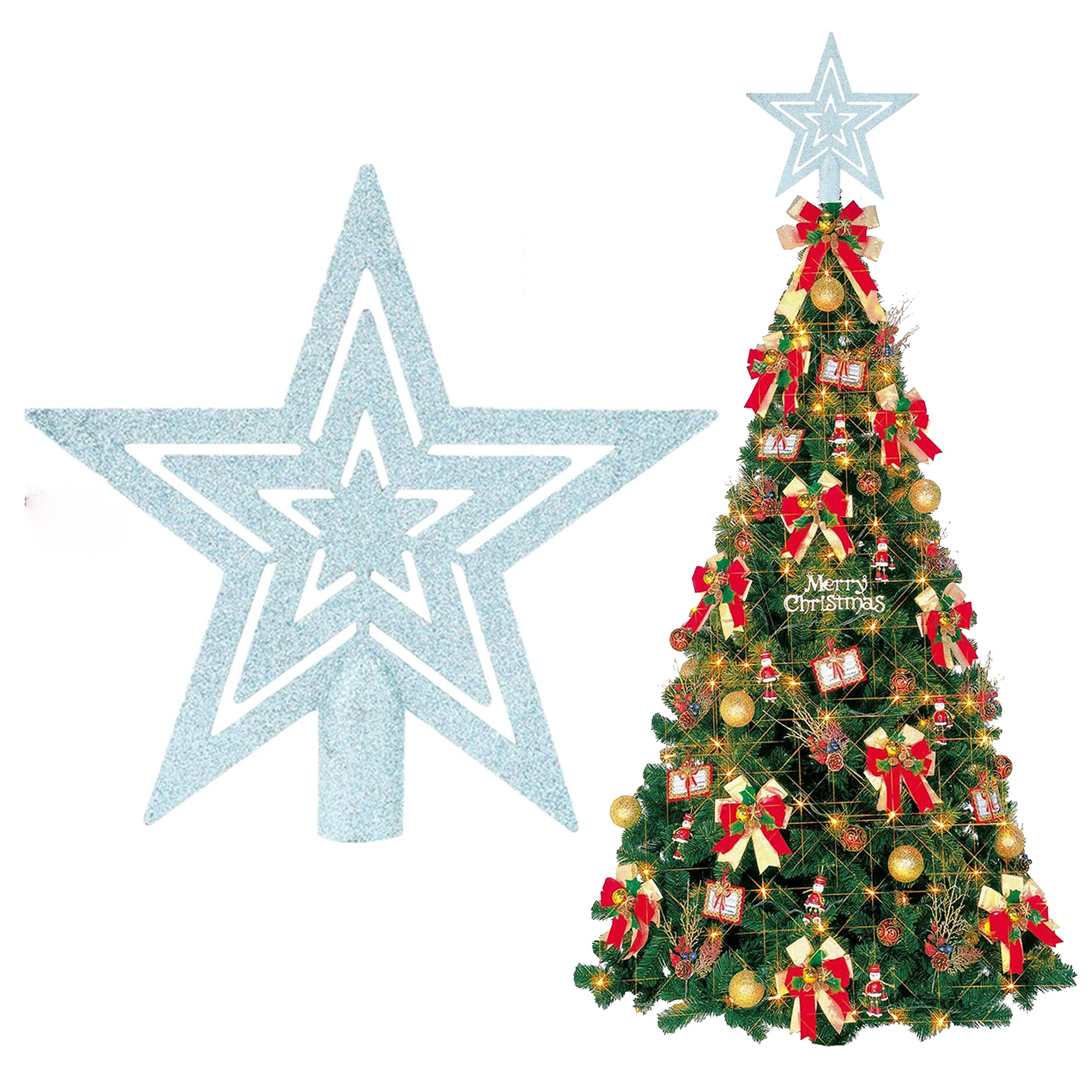 Hovuk Lightblue Light Blue Glittered 20Cm Sparkle Star Tree Topper, Luxury Christmas Tree Decoration, Shatterproof Tree Crown For Xmas Party And Home Decoration