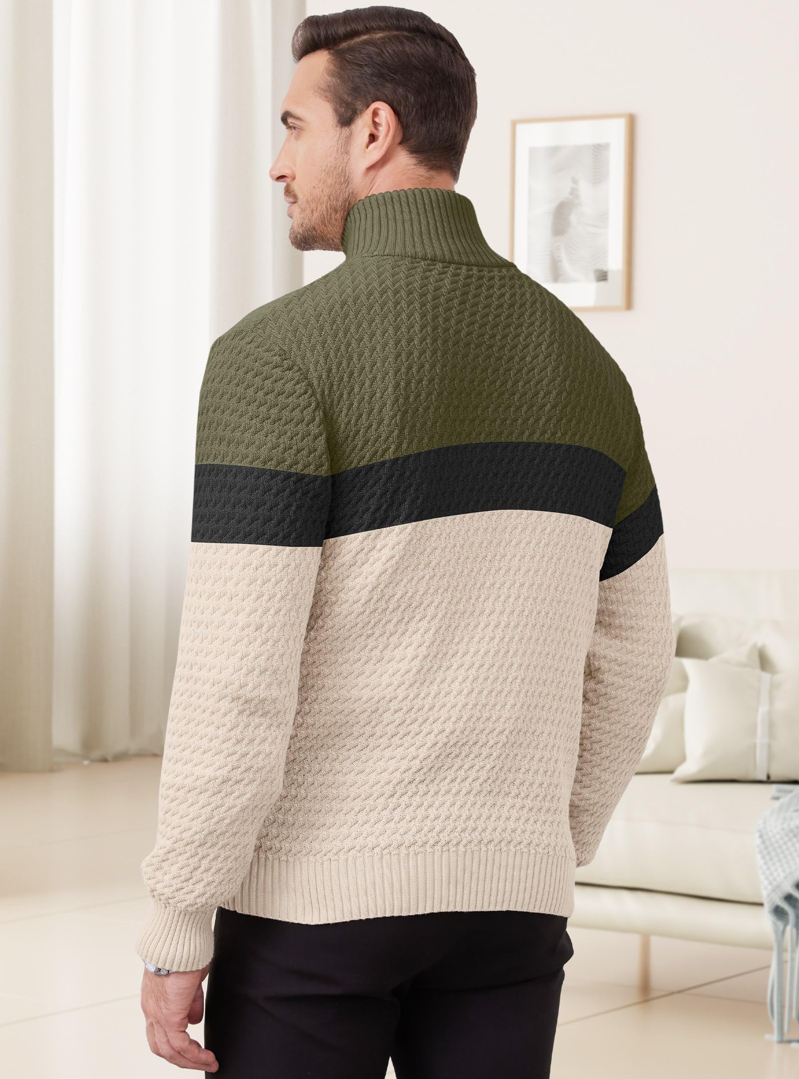 Zaitun Jersey de punto con cremallera de un cuarto para hombre, cuello alto, manga larga, casual, cálido, cómodo, ajustado, suéter de invierno para hombre