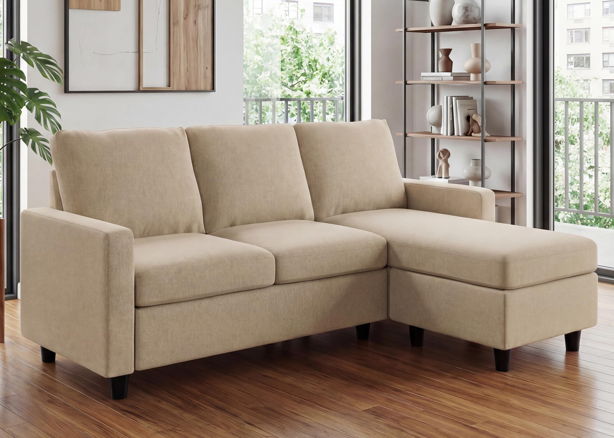 HONBAY L Shaped Couch with Linen Fabric,Convertible, Reversible Sectional Sofa for Small Space, Dark Beige