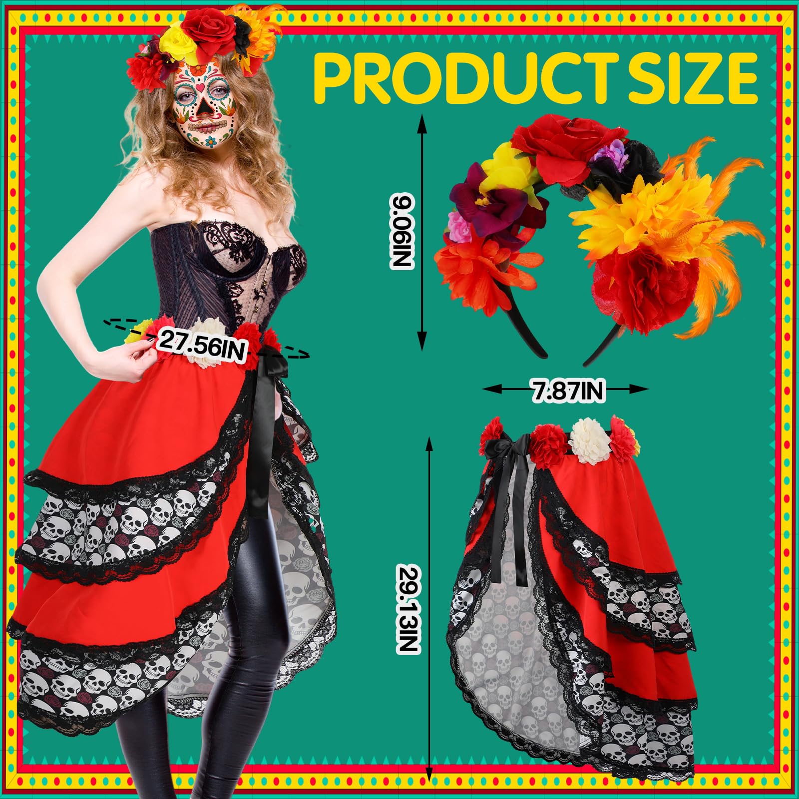 Jeyiour 2 Pcs Day of the Dead Bustle and Headband Set, Multicolor Skull Tie on Bustle Skirt Mexican Rose Flower Crown Headpiece Woman's Day of the Dead Costume for Women Adults
