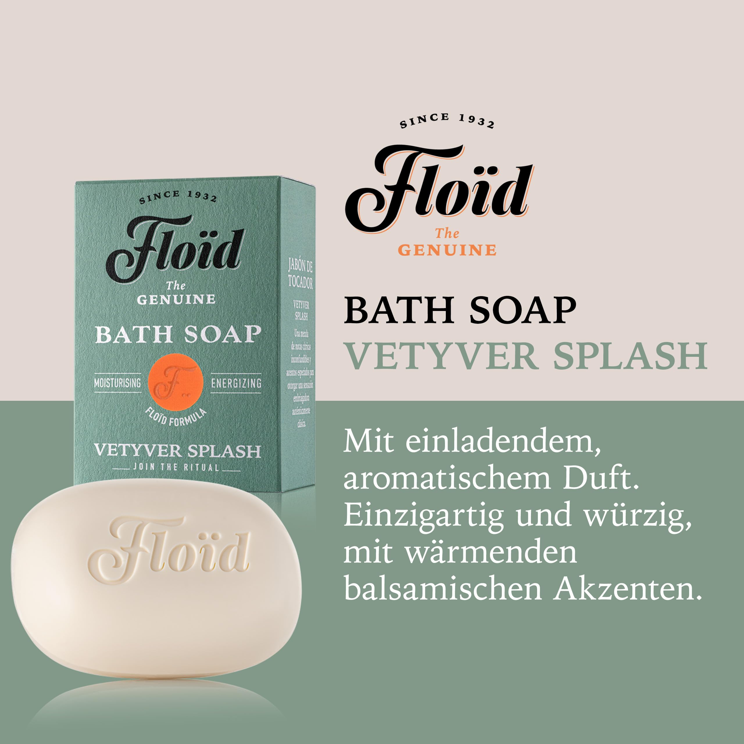 Floïd Vetyver Splash Bath Soap, 100% roślinne mydło do kąpieli i pod prysznic z pielęgnującą lecytyną, masłem shea i olejem sezamowym, chroni skórę i sprawia, że jest miękka i gładka