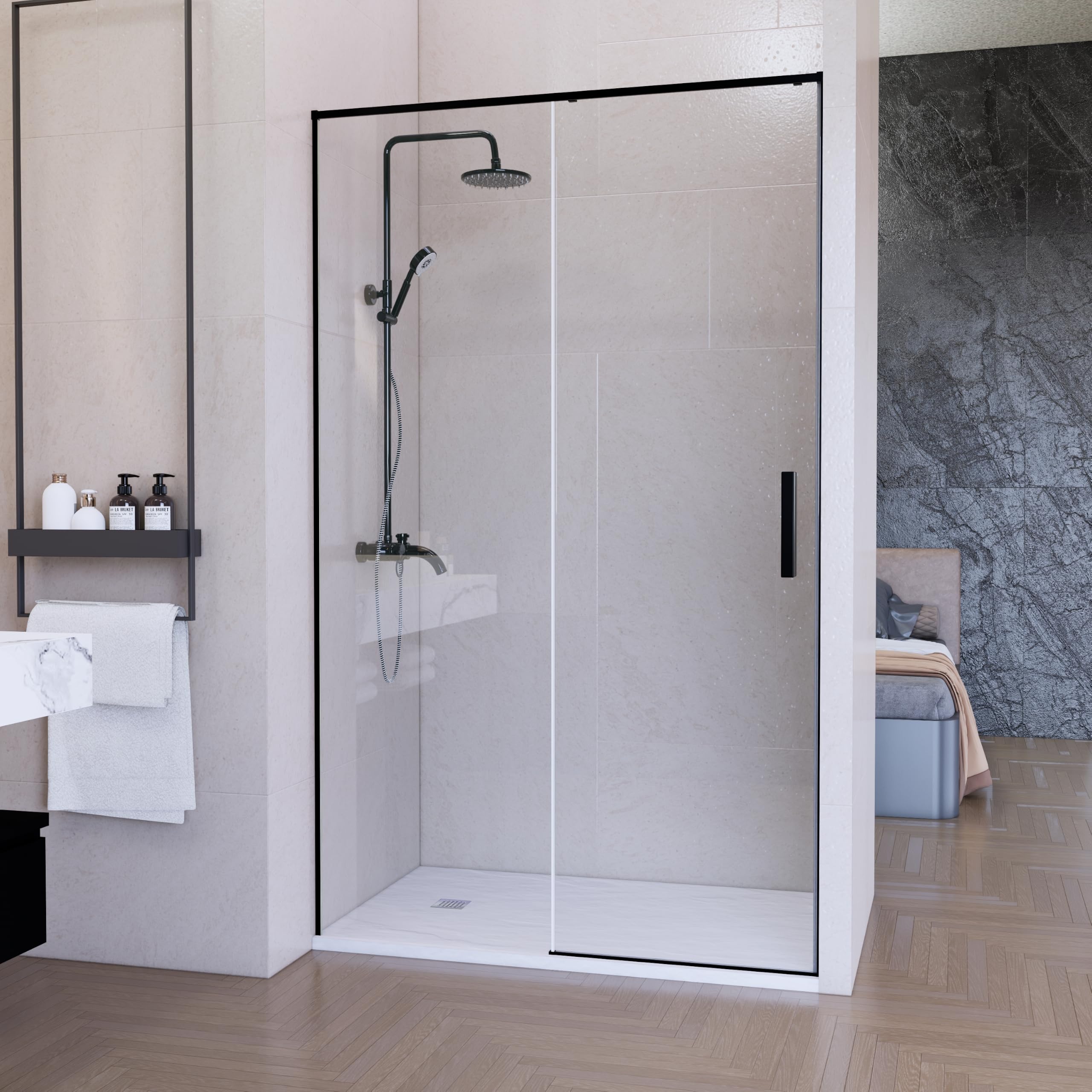 Mampara Ducha Frontal Corredera Lux Fijo+Puerta-Ancho 155cm-Acabado Negro Mate-200cm Alto-Cristal templado 6mm antical-Cierre Reversible con Freno