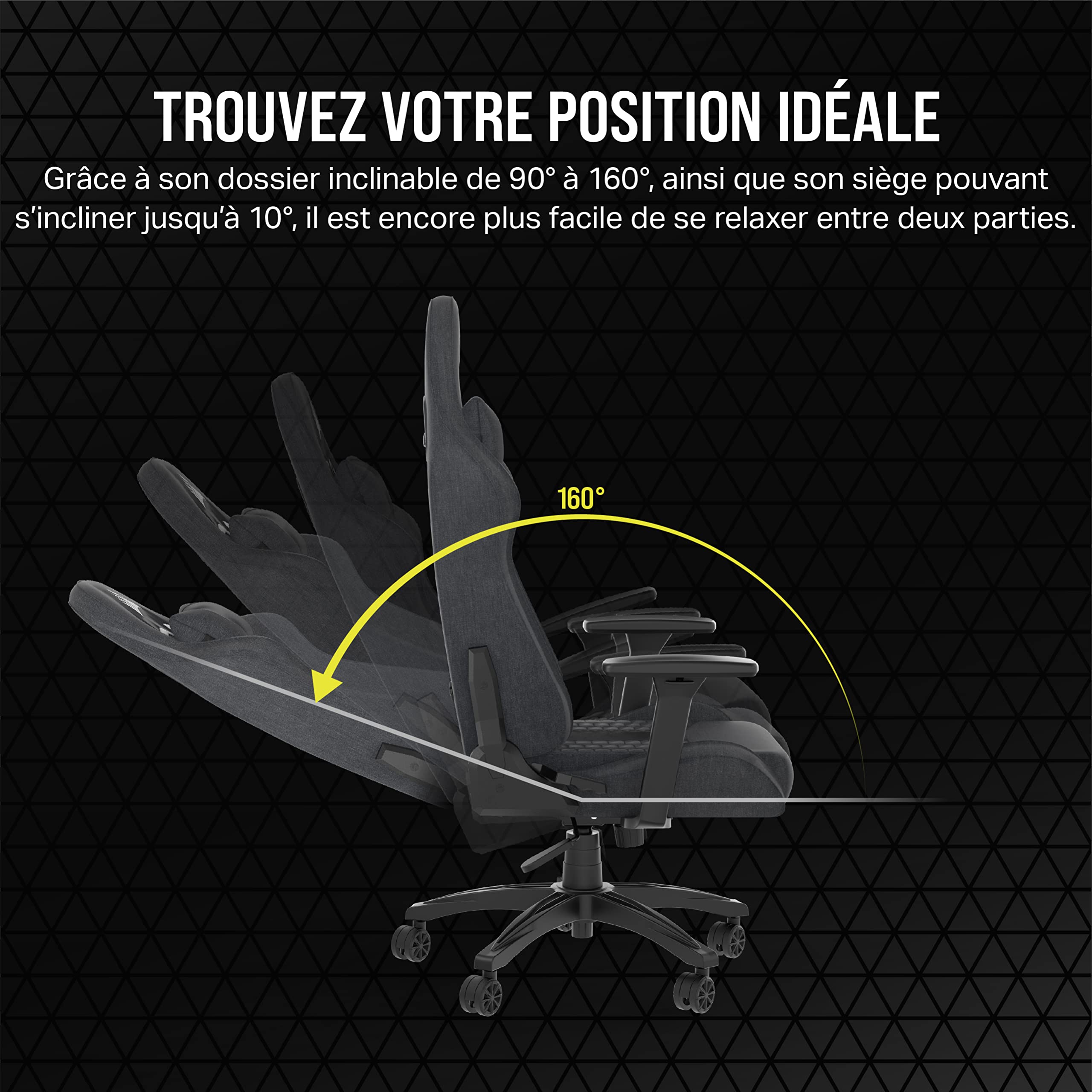 Corsair TC100 Relaxed Fauteuil Gaming – Gris et Noir | Tissu, Design Inspiré des Sports Automobiles, Coussin Lombaire, Coussin Repose-nuque Détachable en Mousse à Mémoire de Forme
