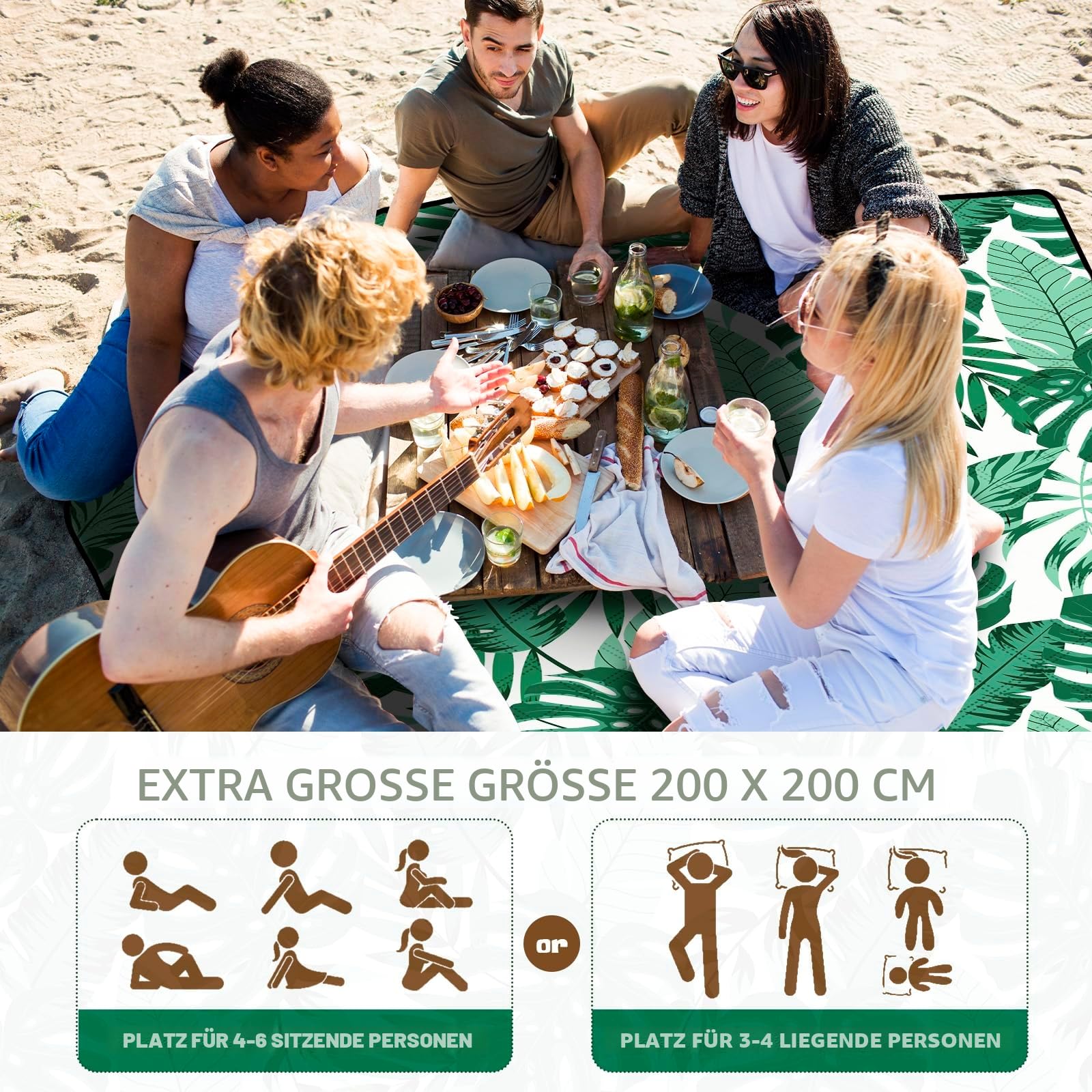 Picknickdecke,200x200 cm,Wasserdicht & Isoliert,Blattmuster Sandfeste Strandmatte für 4-6 Campingdecke,Faltbar und Tragbar mit Tragegriff,Campingdecke für Outdoor,Reisen,Wandern und Picknick