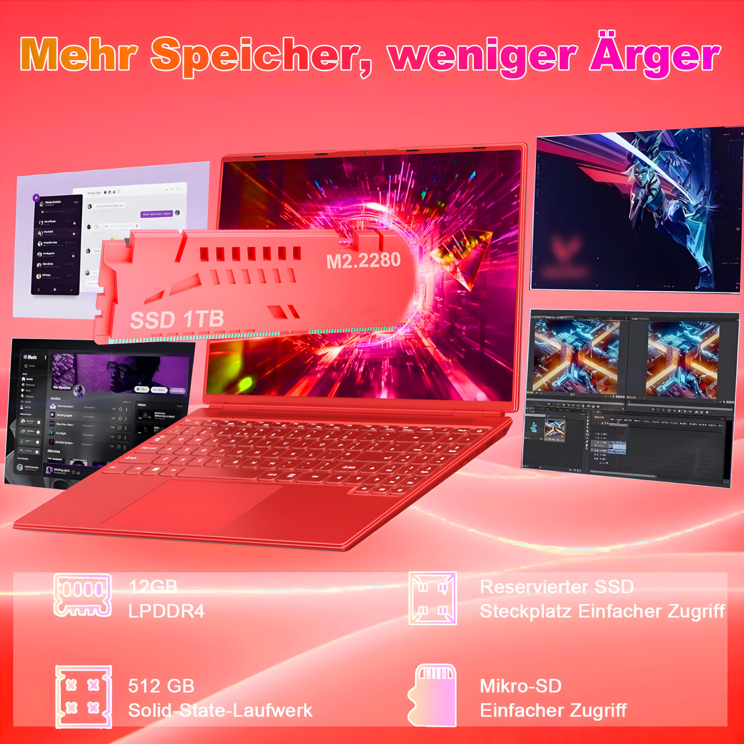 Gaming Laptop 16 Zoll Win 11 Notebook 12+512GB SSD Unterstützung 1TB | 1920x1200 Notebook 4-Core Celeron N5095 (bis 2.9GHz) Laptop mit Nummerntastatur WiFi Mini HDMI Deutscher Tastaturschutz-Red