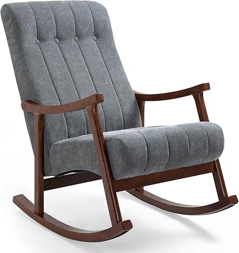 AVAWING Mecedora tapizada con asiento acolchado de tela cómoda madera maciza para sala de estar sillón moderno con respaldo alto sofá individual