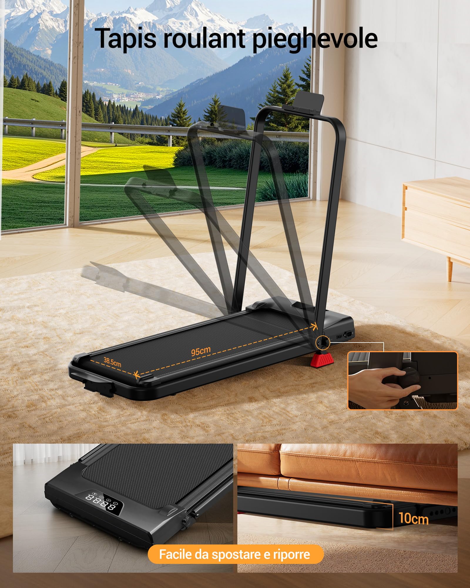 LONTEK Tapis Roulant Salvaspazio Pieghevole 10KM/H, Triplo Ammortizzamento | 16% Tapis Roulant Pieghevole Salvaspazio, 3.0HP Tapirulan Elettrico Offerte Pieghevole, Treadmill Walking Pad, Portata 136 KG