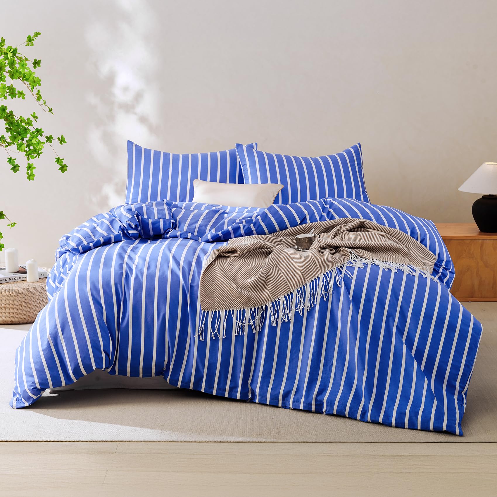 100% Cotton Striped Duvet Cover Sets Classic Soft Breathable Queen Size