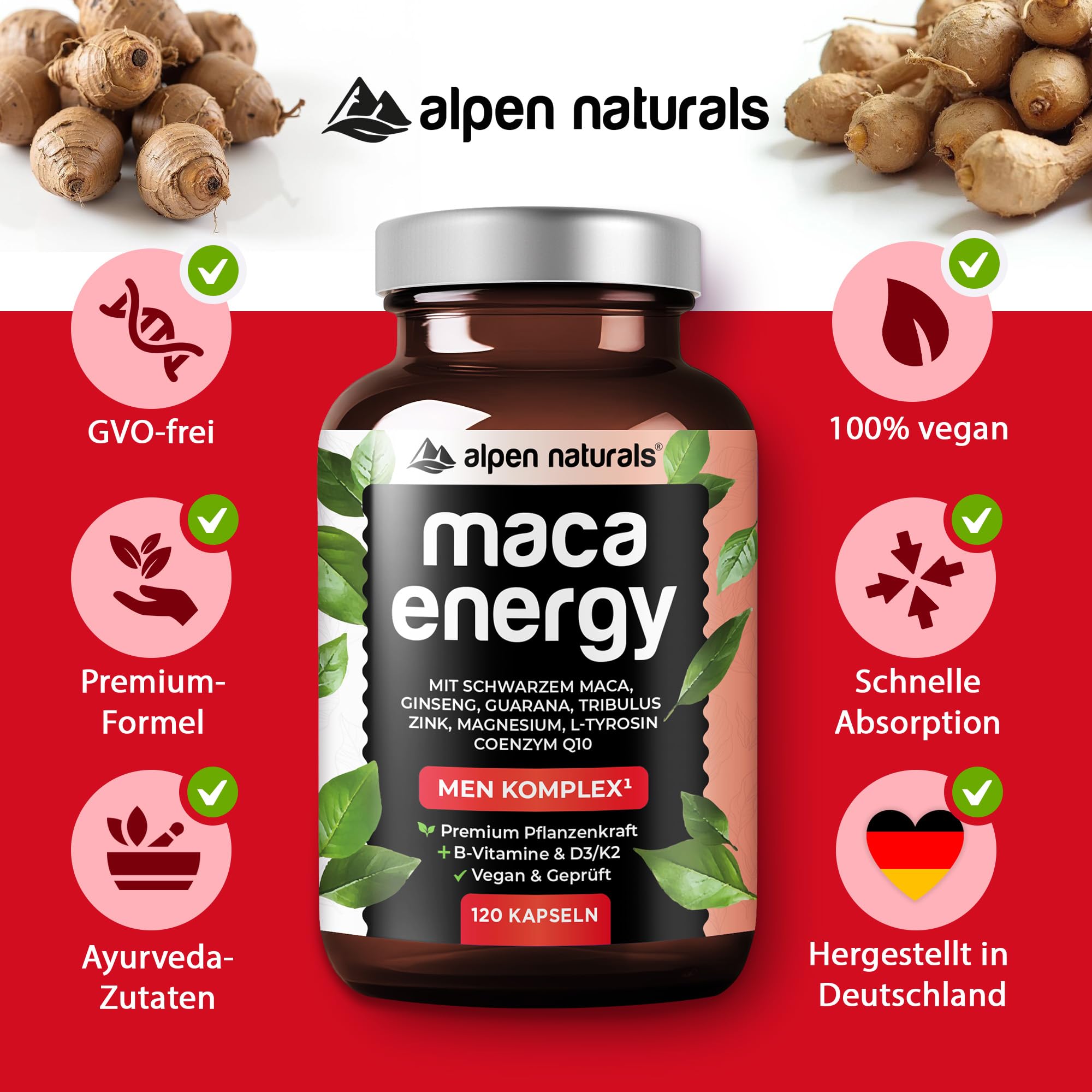 Maca Men Komplex Hochdosiert – 120 Kapseln mit Schwarzem Maca, Tribulus, Ginseng, Guarana, Zink & Q10 – Vegan & Laborgeprüft