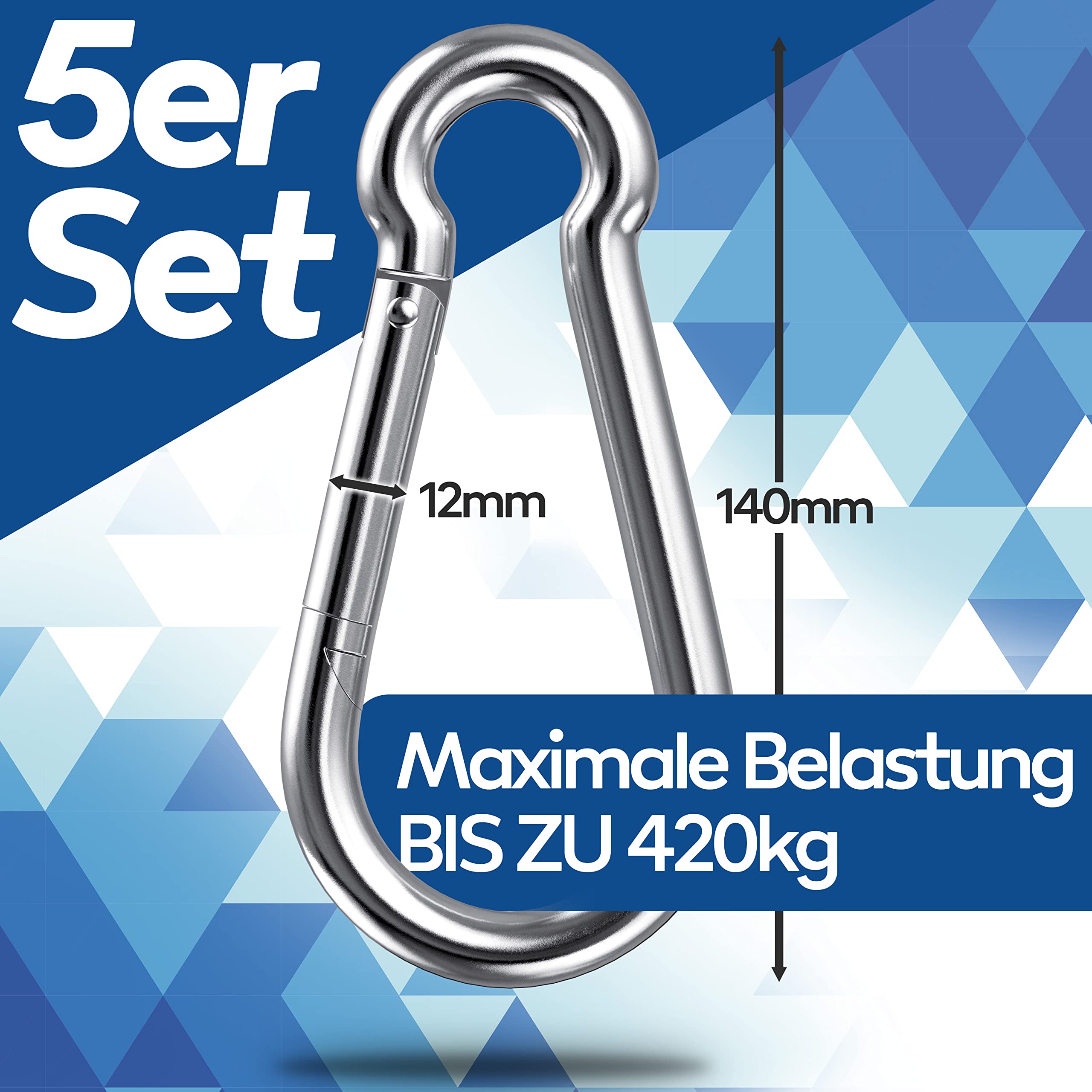 Karabińczyk ze stali nierdzewnej, zestaw 5 sztuk, 12 x 140 mm, karabińczyki DIN 5299, nierdzewne, z zamknięciem zatrzaskowym, nadają się jako breloczek do kluczy lub do dużych obciążeń i