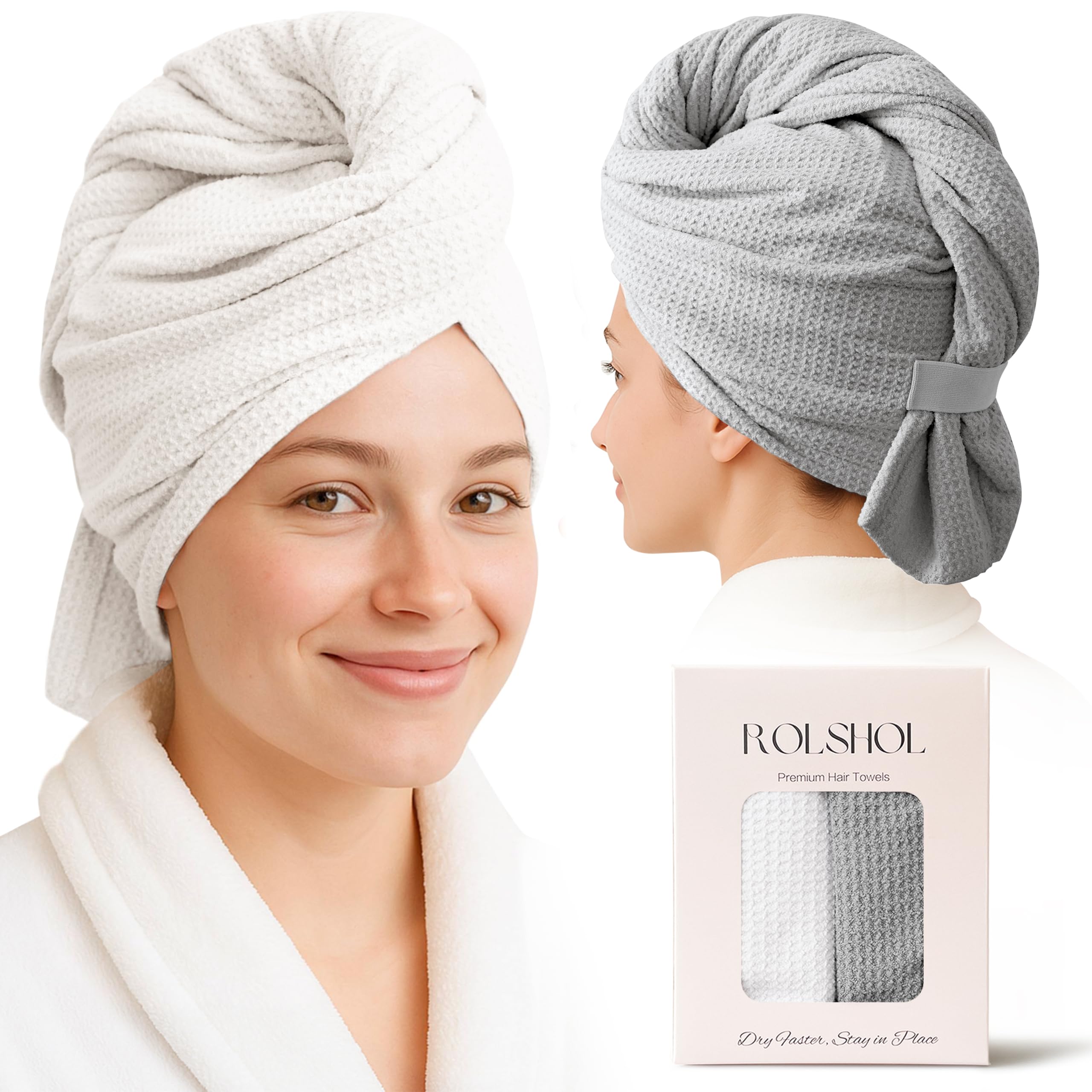 ROLSHOL 2 Pack Waffle Microfiber Hair Towel Wraps for Women, 32 x 11 in