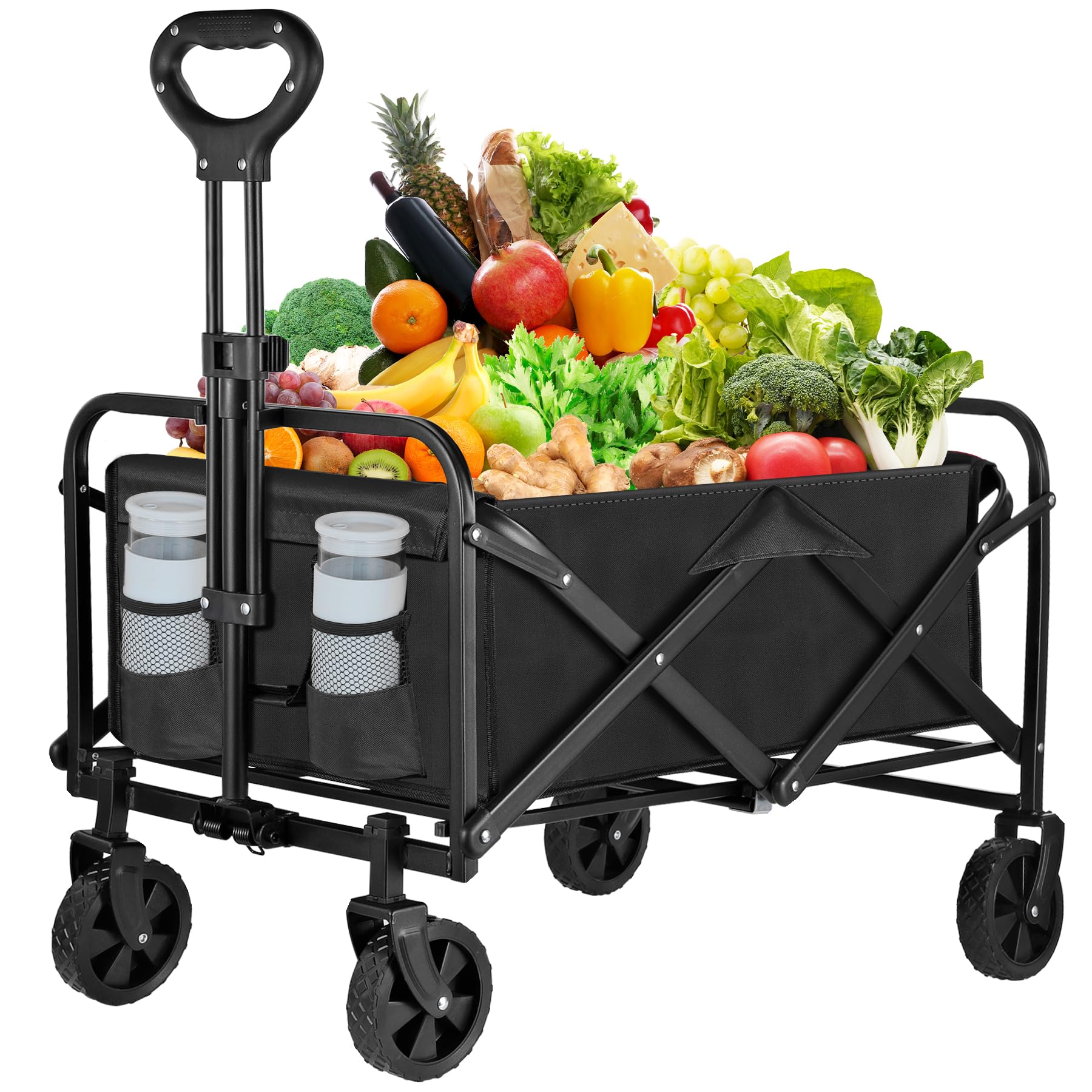 Collapsible Foldable Wagon Cart,Utility Beach Cart with Drink Holders Large Capacity Protable Grocery Wagon for Garden Shopping Outdoor Camping (Black