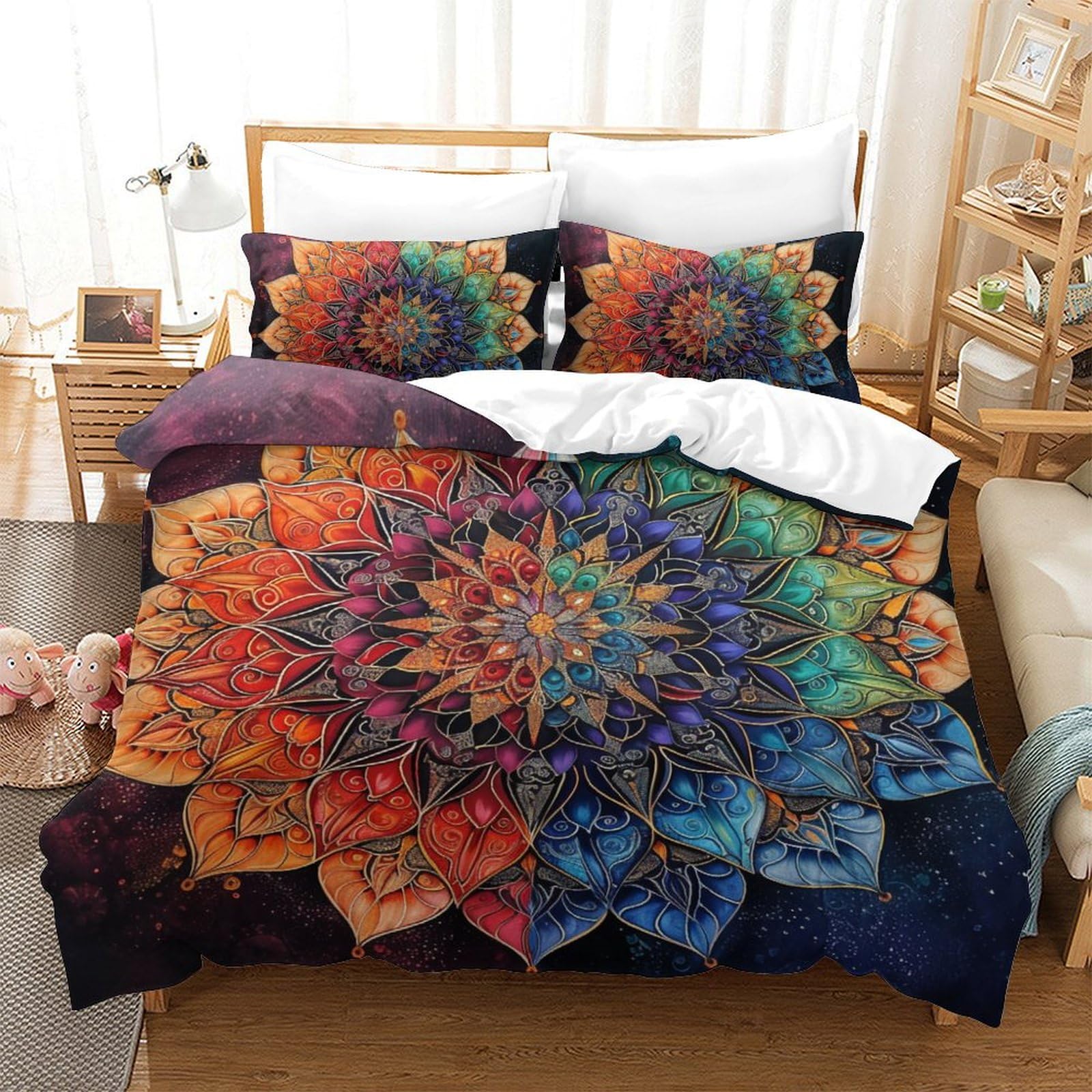 GXYUAOIEF 3D Printed Quilt Cover Set Mandala 3 Pieces Bed Duvet Set Soft Microfiber with Zipper Closure，Pillowcases for Teens And Adults Double（200x200cm）