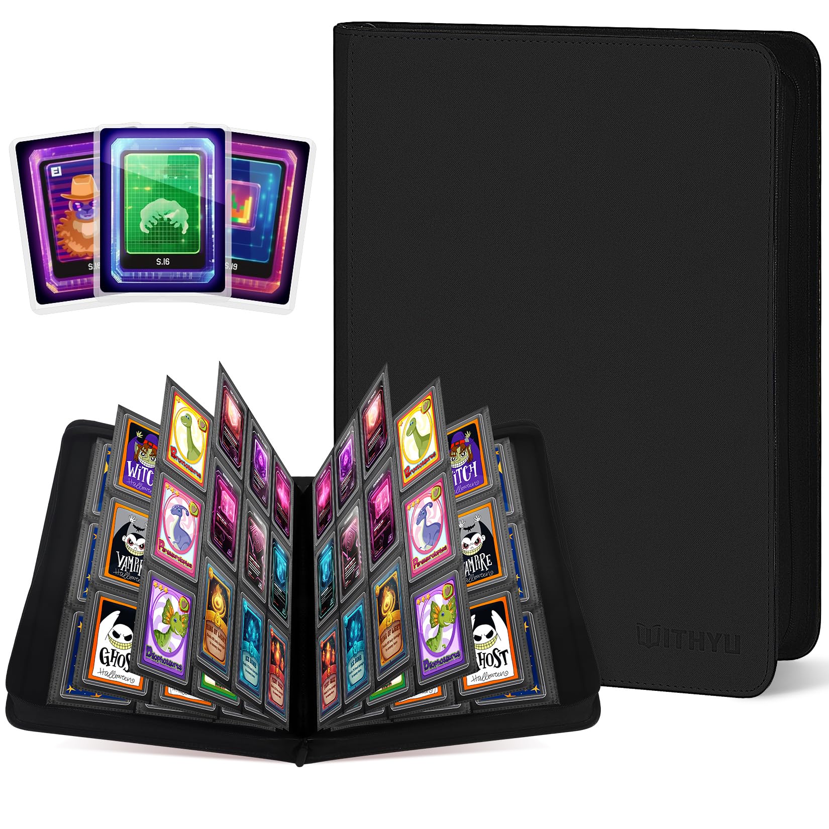 WITHYU Toploader Binder 9 Pocket, Holds 288 Cards for 3" x 4" Rigid Cards, Double Side Card Album PU Leather with Zipper, Ideal for TCG, MTG & Sports Card Storage (Black)