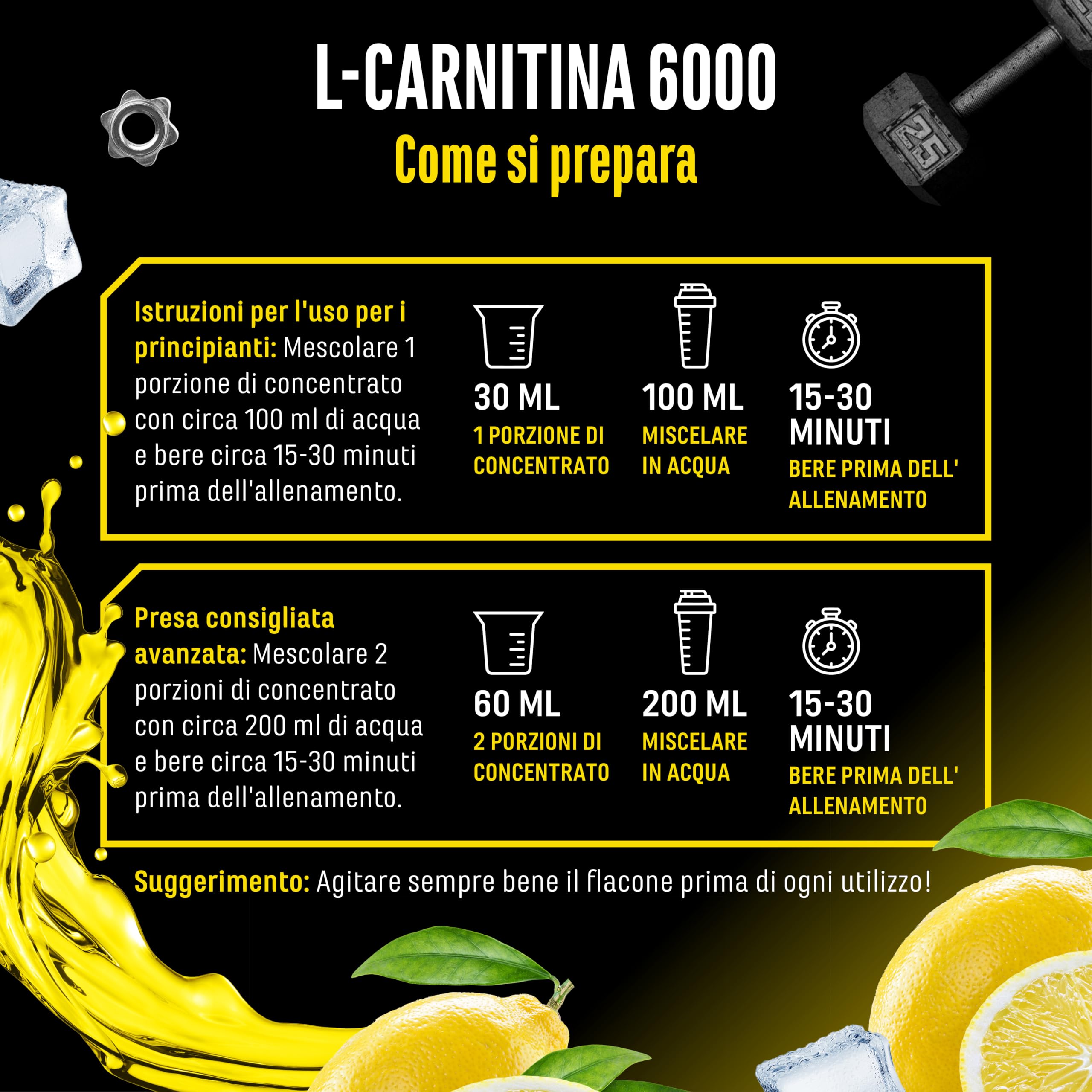 L-Carnitina 6000 Liquido - 1000 ml - Dosaggio extra elevato con 6000 mg di L-carnitina pura per dose giornaliera - Bevanda aminoacida per l'allenamento - Gusto delizioso (Lemon Boost) - Vegano