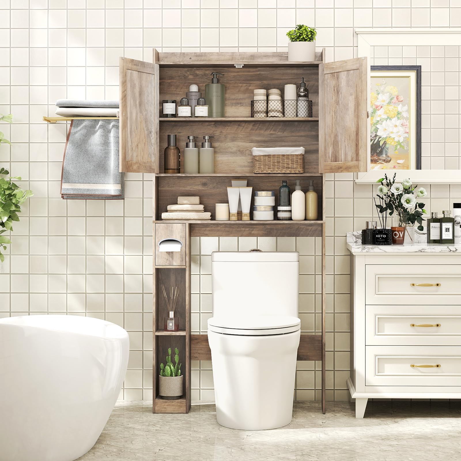 LIFEZEAL Armoire de Salle de Bain au-Dessus des Toilettes, Meuble de Rangement Gain de Place avec Barre Réglable et Porte-Papier Toilette Intégré, Étagère WC pour Salle de Bain (Brun Clair)